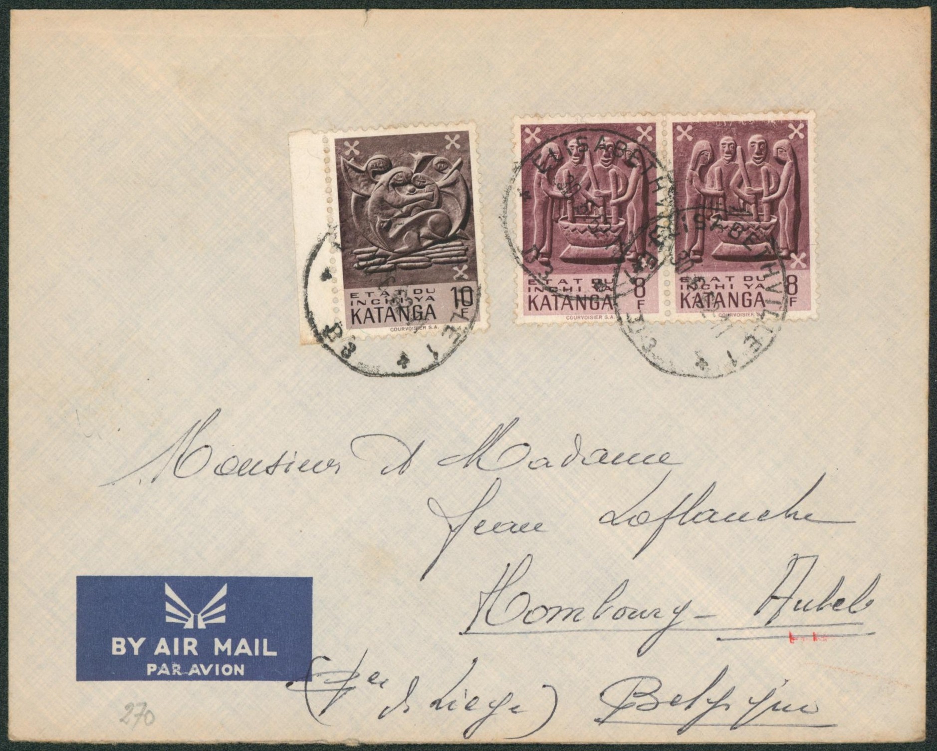 Katanga - n°61 en paire + 62 sur lettre par avion de Elisabethville > Hombourg (Aubel).