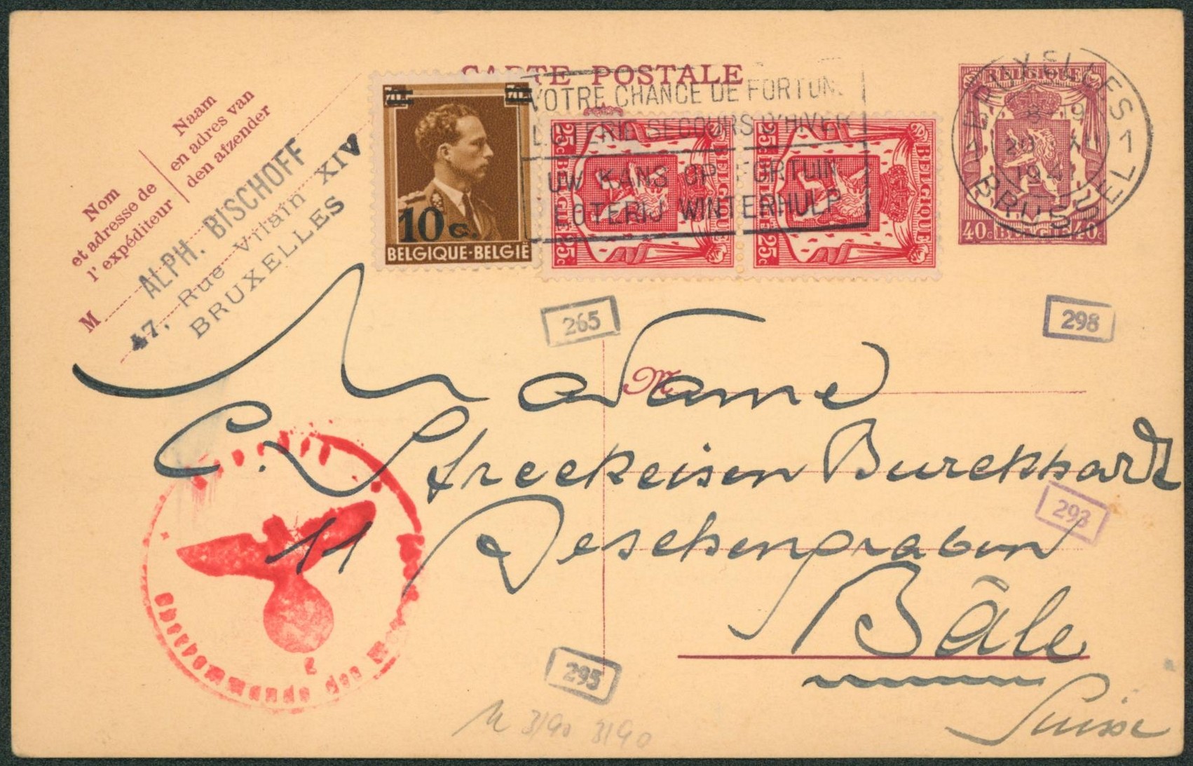 EP au type 40ctm lilas petit sceau + affranch. Mixte expédié de Bruxelles + censure > Bâle (Suisse). 