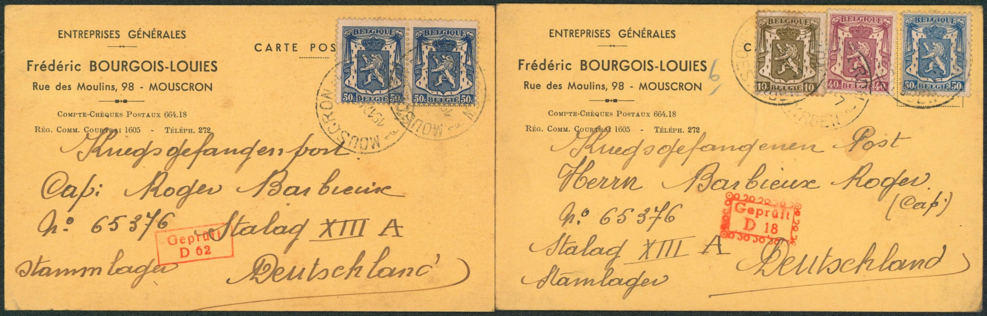 Petit sceau de l'état - Ensemble de 2 CP imprimée (Entreprise générale, Mouscron) > Stalag XIII A + censure. 