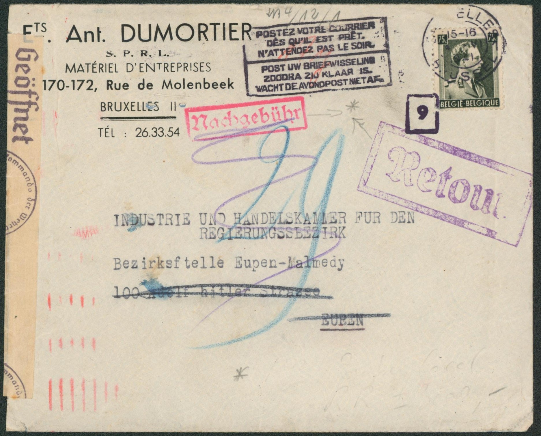 n°480 sur lettre expédié de Bruxelles + bandelette de censure > Eupen, canton de l'est. Verso cachet avec croix. RETOUR ! 