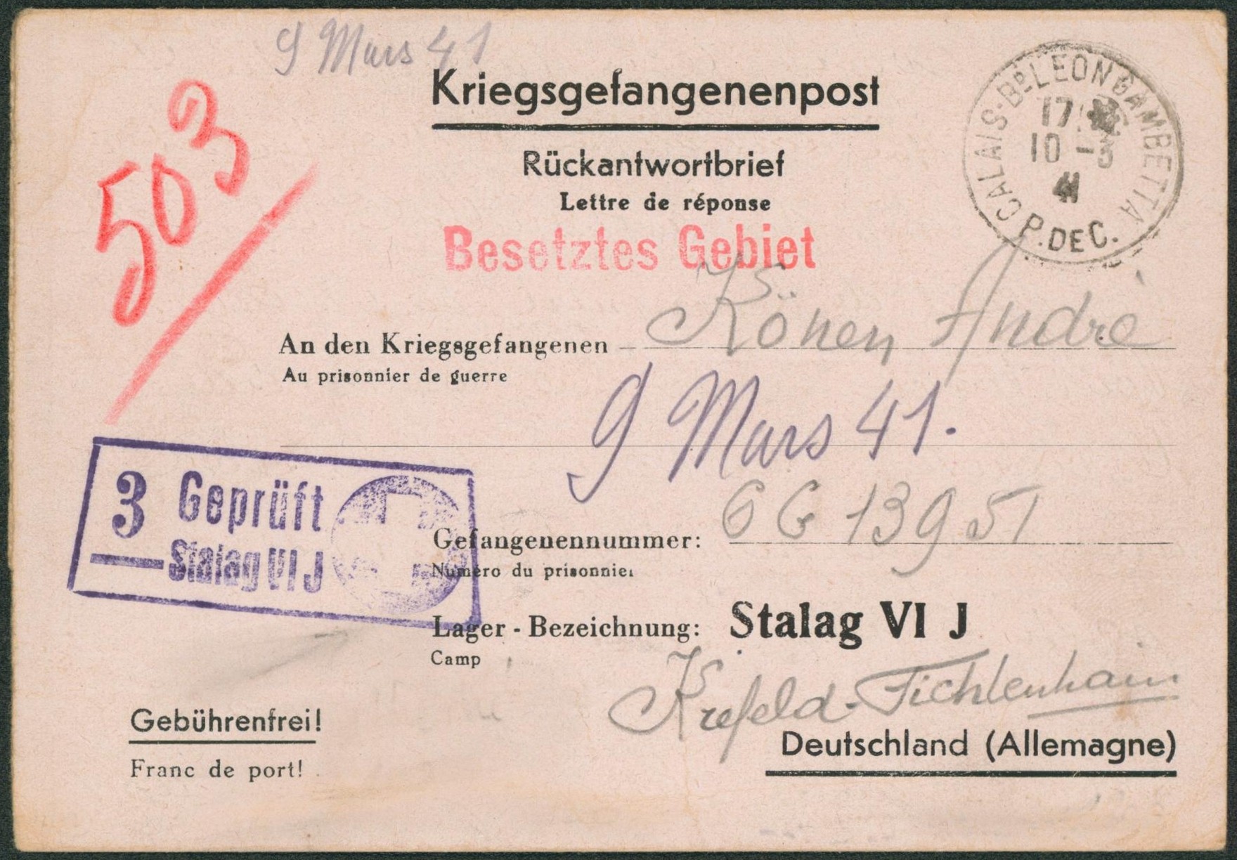 WWII - Lettre "Kriegsgefangenenpost" expédié de Calais (1941) > Stalag VI J + censure illustrée (croix-rouge, croix). Superbe "