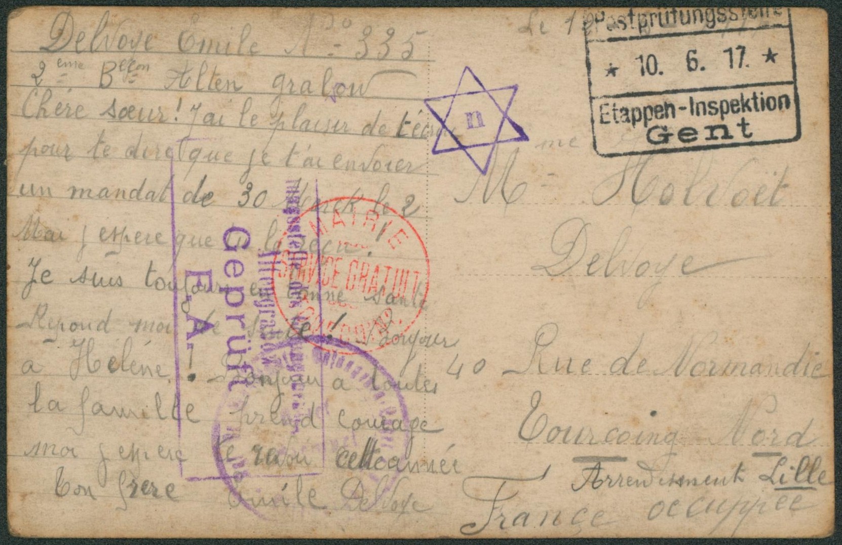 WWI - Prisonnier Juif au camp de Altengrabow çàd petite étoile de david + Etappen-Inspeketion Gent > Tourcoing (Nord) + cachet SERVICE GRATUIT / MAIRIE TOURCOING 
