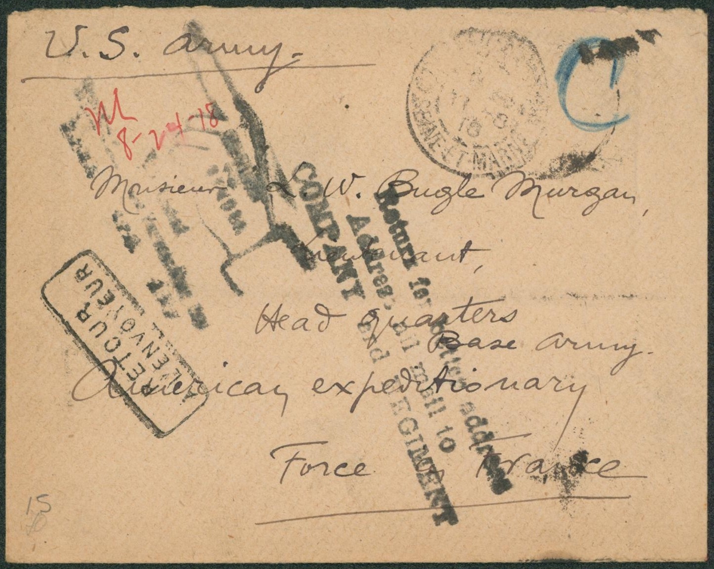 Lettre en provenance de l'U.S. ARMY (1918) > Americain expeditionary force en France, retour à l'envoyeur (Evreux, France). 