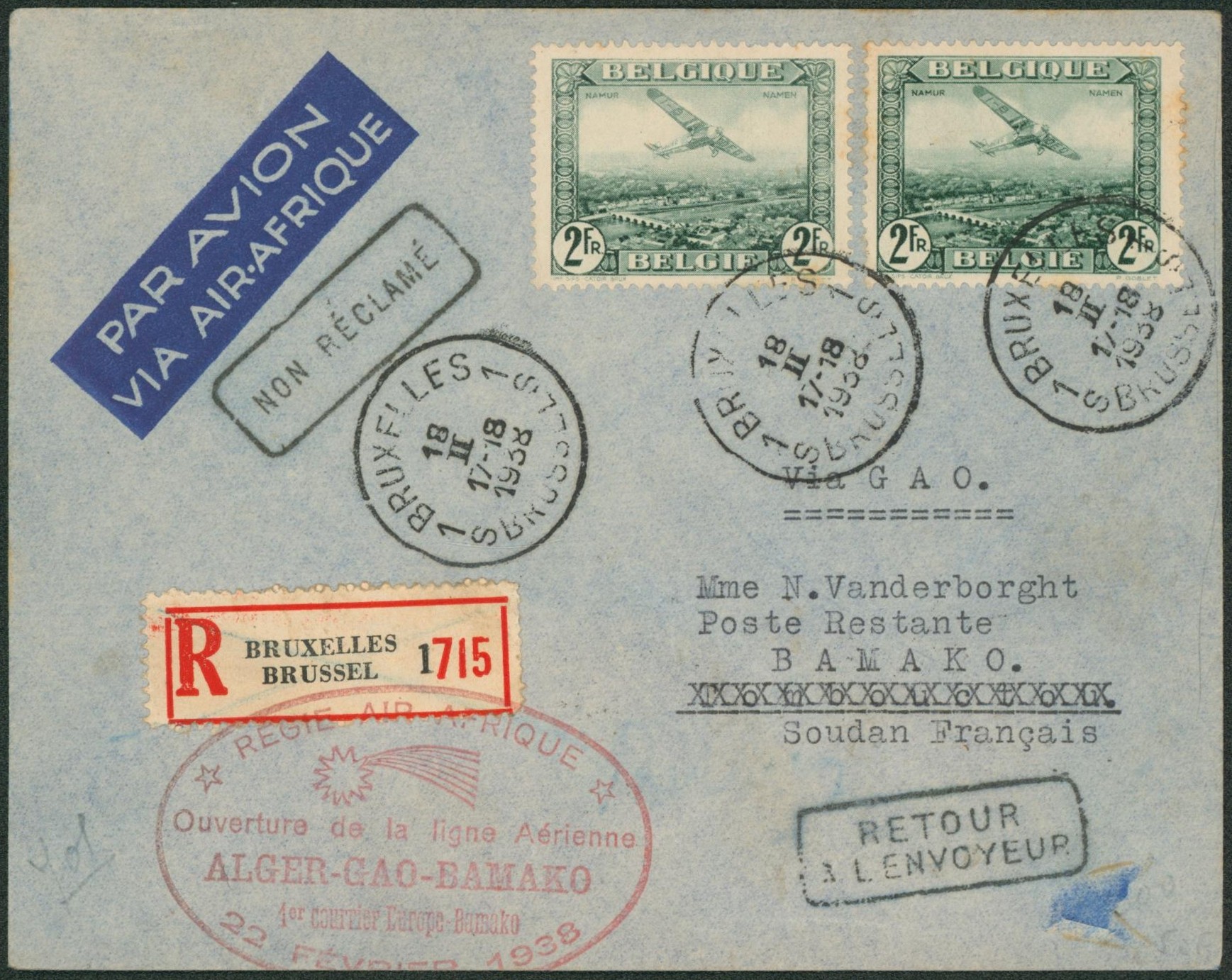 PA3 x2 + Affranch. Mixte au verso sur lettre par avion en recommandé de Bruxelles > Bamako (Soudan Français) / Retour à l'envoyeur, non réclamé. 