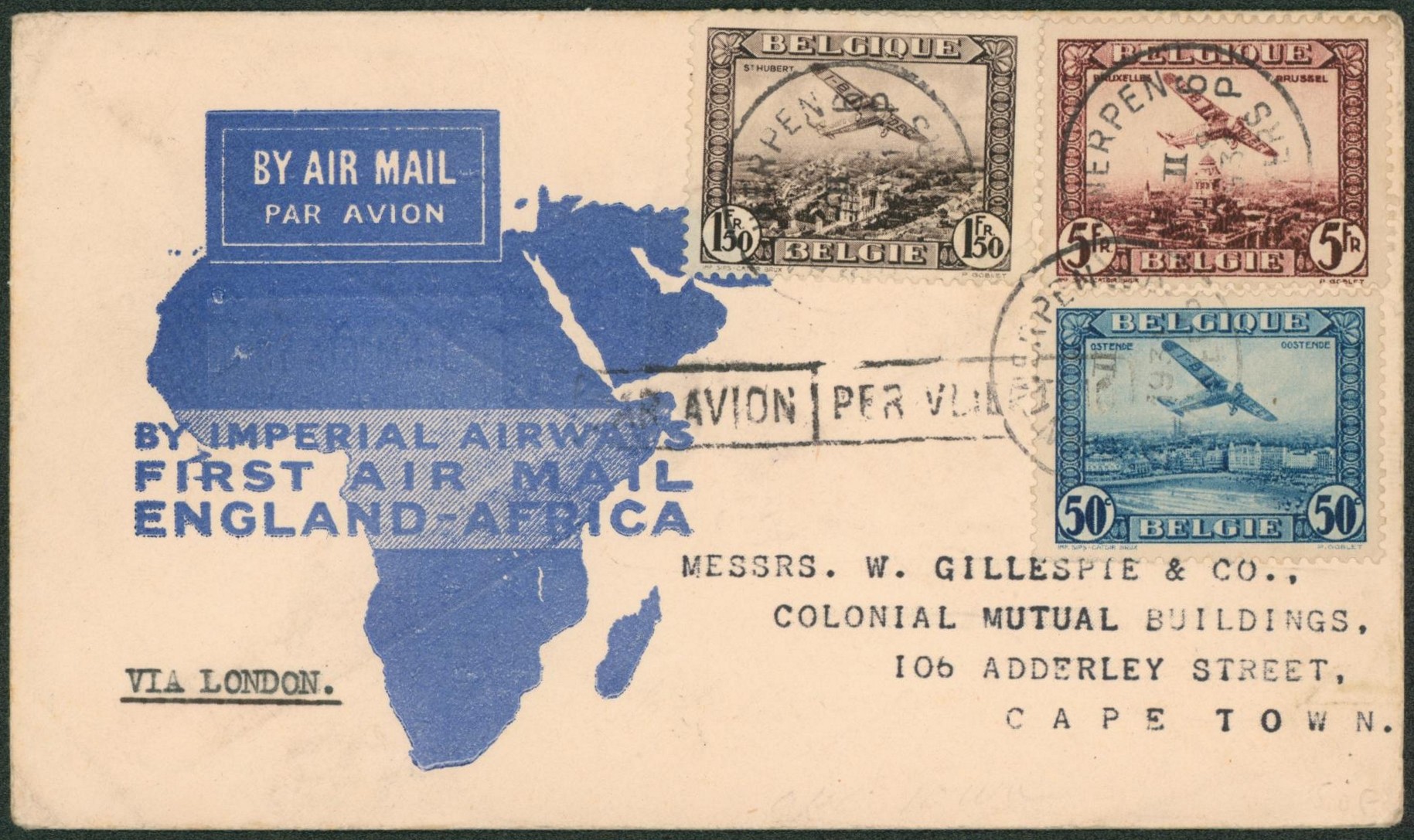 Affranch. Tricolore çàd PA1, 2 et PA4 sur lettre par avion by imperial airways (England-Africa) de Antwerpen > Capetown (Afrique du Sud). 