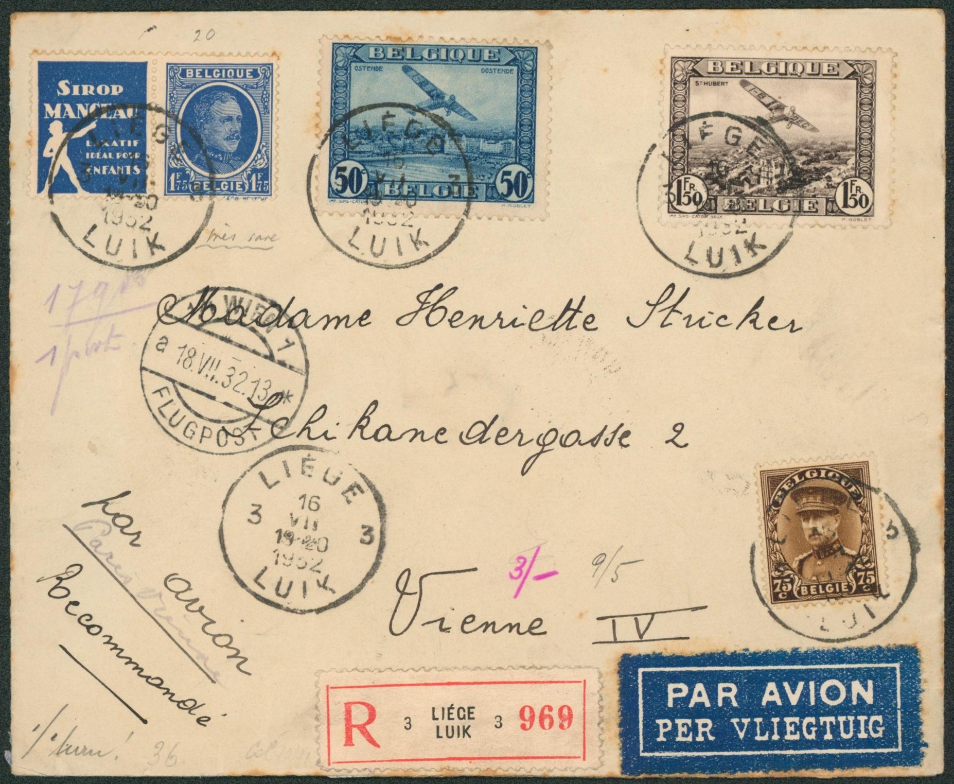 n°PA1/2, PU4, PU8, PU29 et 341 sur lettre en recommandé par avion de Liège / Luik > Vienne. 