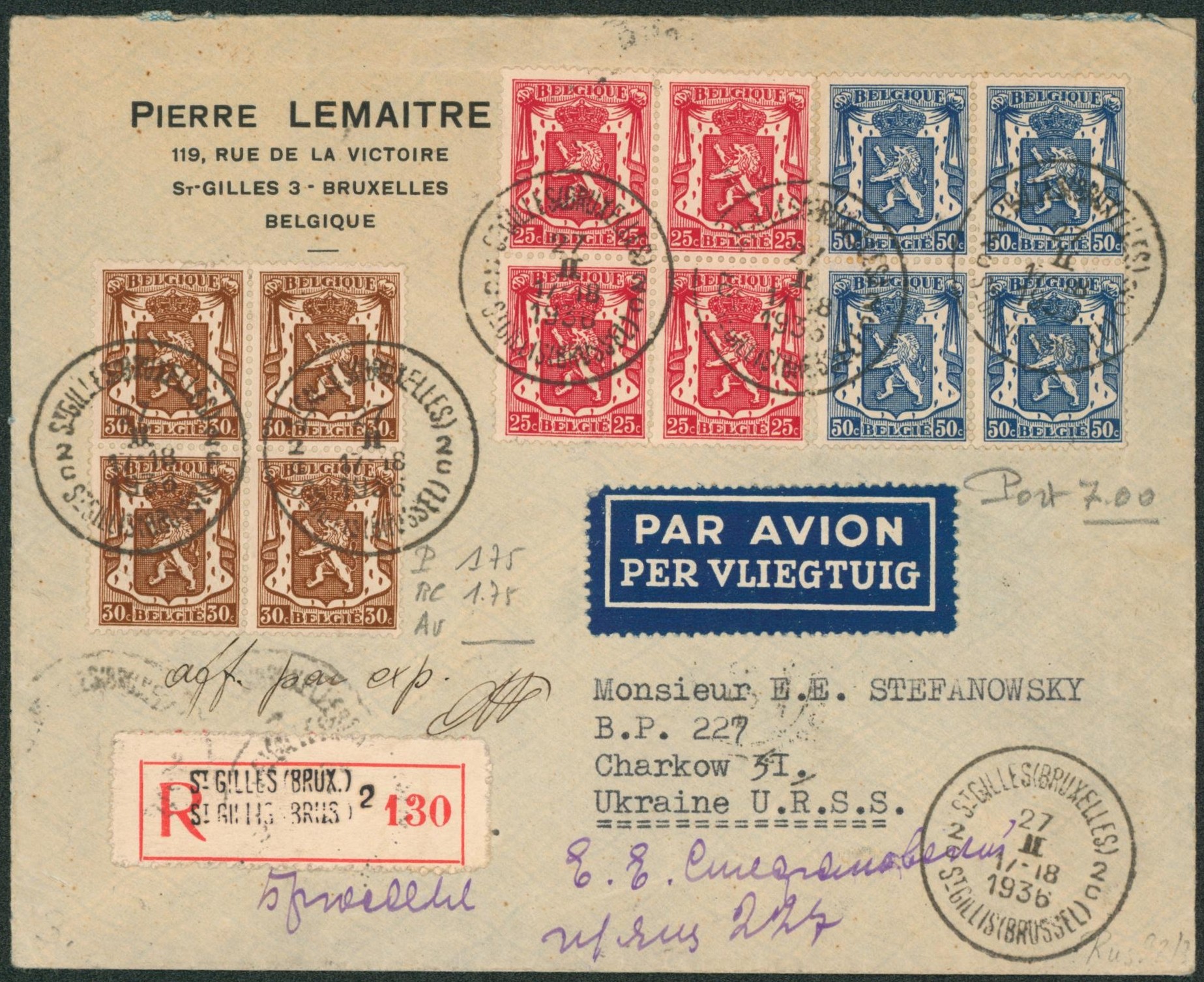 Petit sceau de l'état - Bel affranchissement en bloc de 4 (port 7 Fr) sur lettre en recommandé par avion de St-Gilles (Brux.) > Ukraine URSS. TB 