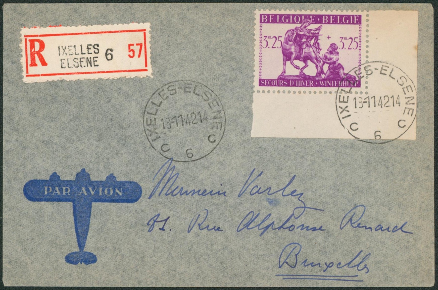 n°611 coin de feuille sur lettre en recommandé de Ixelles-Elsene > Bruxelles. 