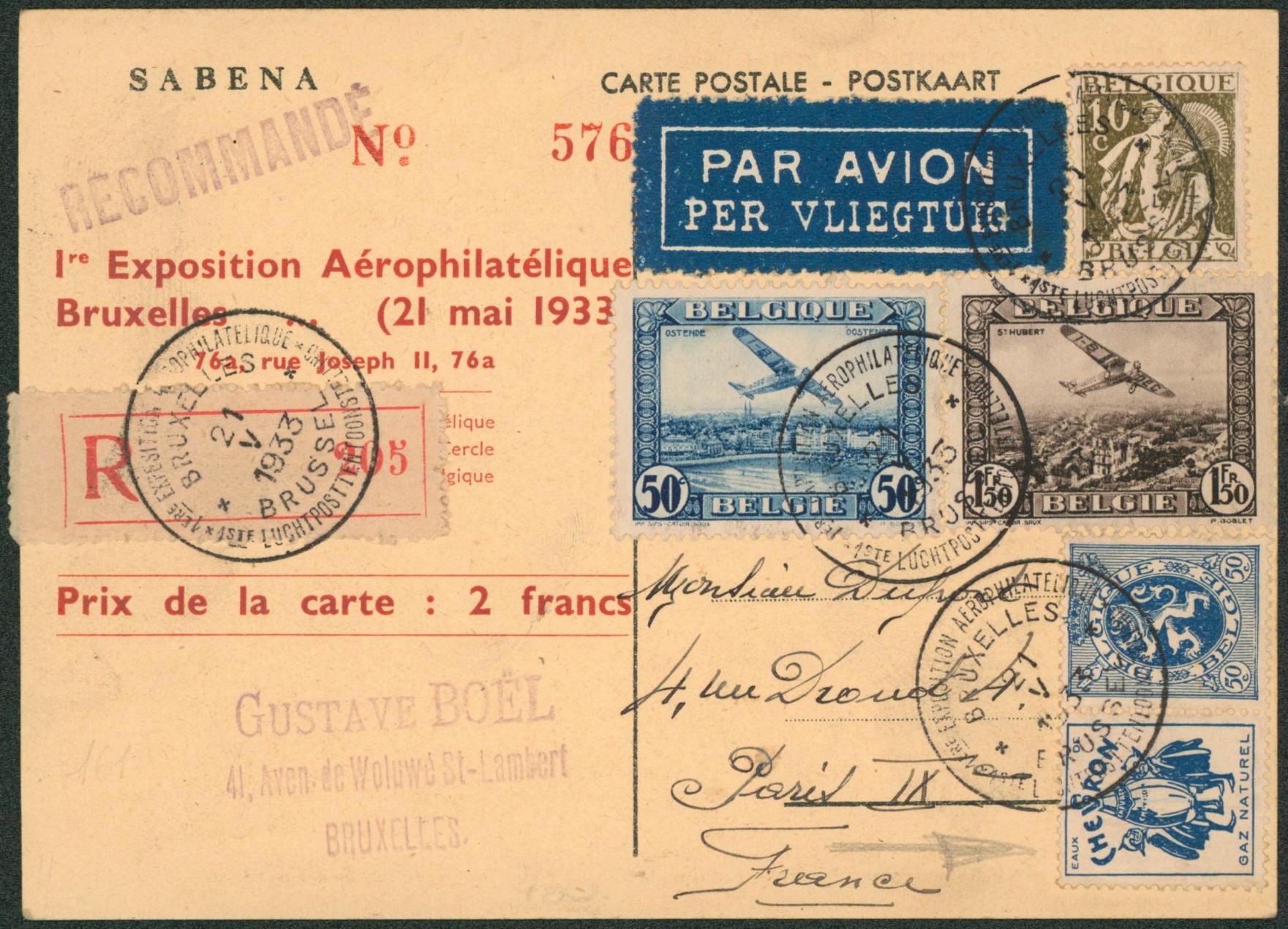Bel affranchissement mixte sur CP 1er exposition aérophilatélique çàd Bruxelles en recommandé par avion > Paris / Sabena. 