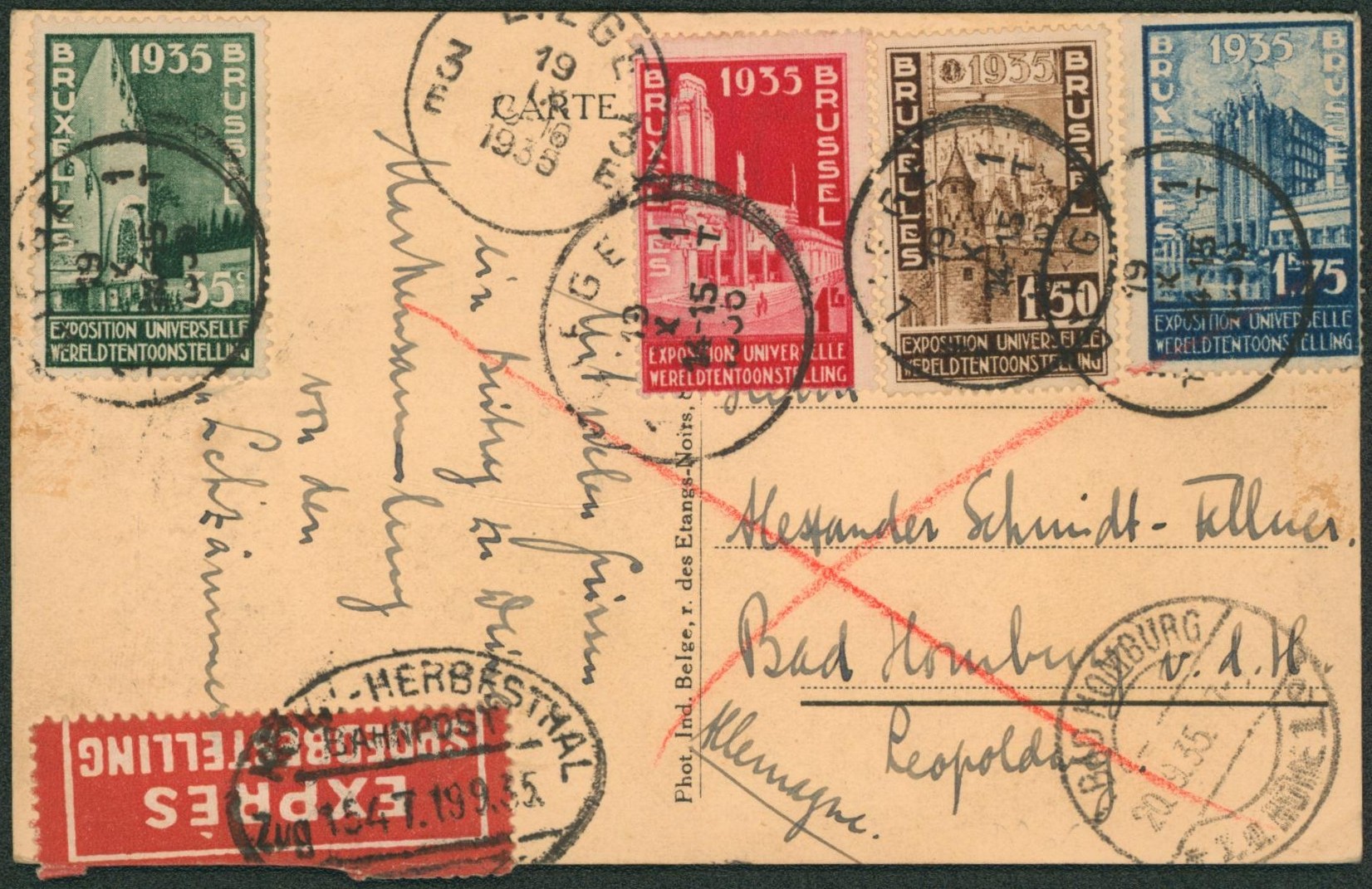 n°386/89 çàd série complète (Expo Bruxelles 1935) sur CP en expres de Liège + cachet allemand expres "Koln-Herbesthal" > Bad Homburg,  Allemagne"