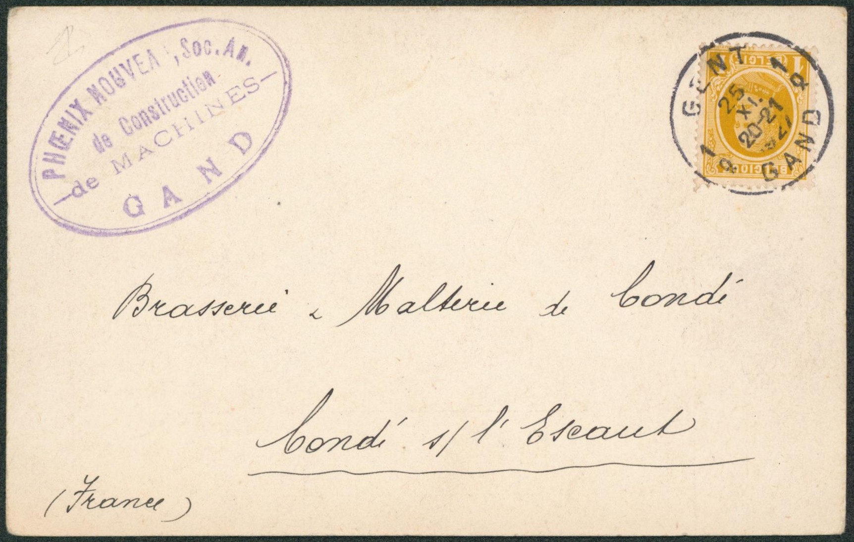 Houyoux - n°205 sur CP imprimée (Pheonix, constructeur de machines) expédié de Gent / Gand > Condé (France). 