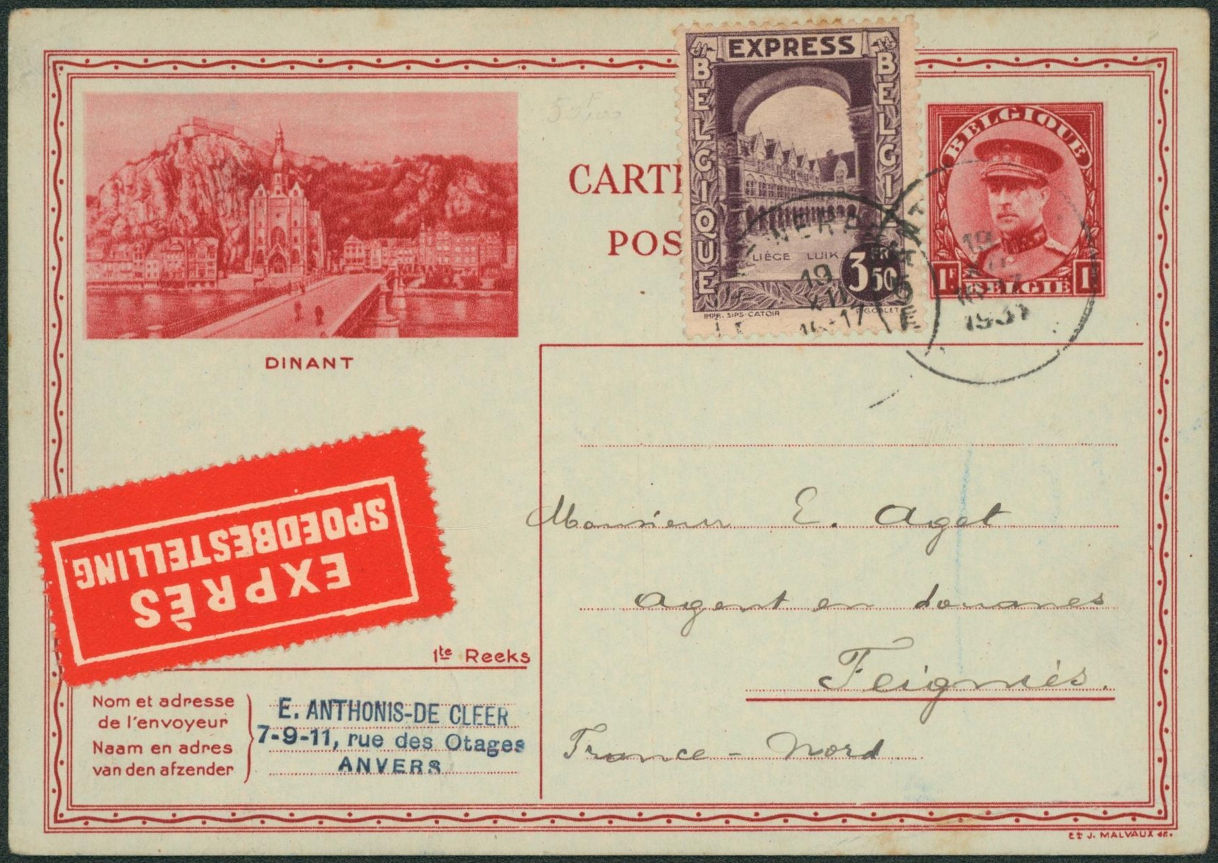 EP au type carte illustrée 1F rouge Képi + n°292F en expres de Antwerpen > Feignies (France). 