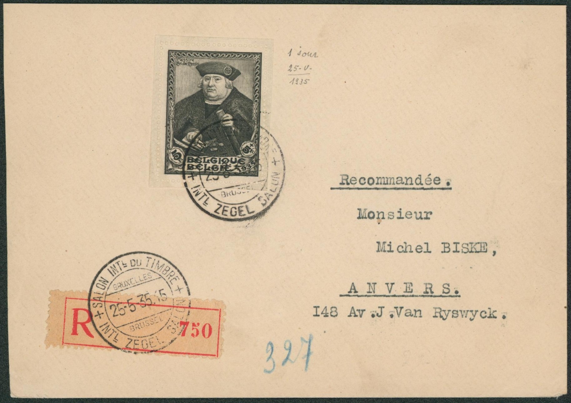 n°410 sur lettre en recommandé du Salon international du timbre (bruxelles 1935) > Anvers. 1er jour 