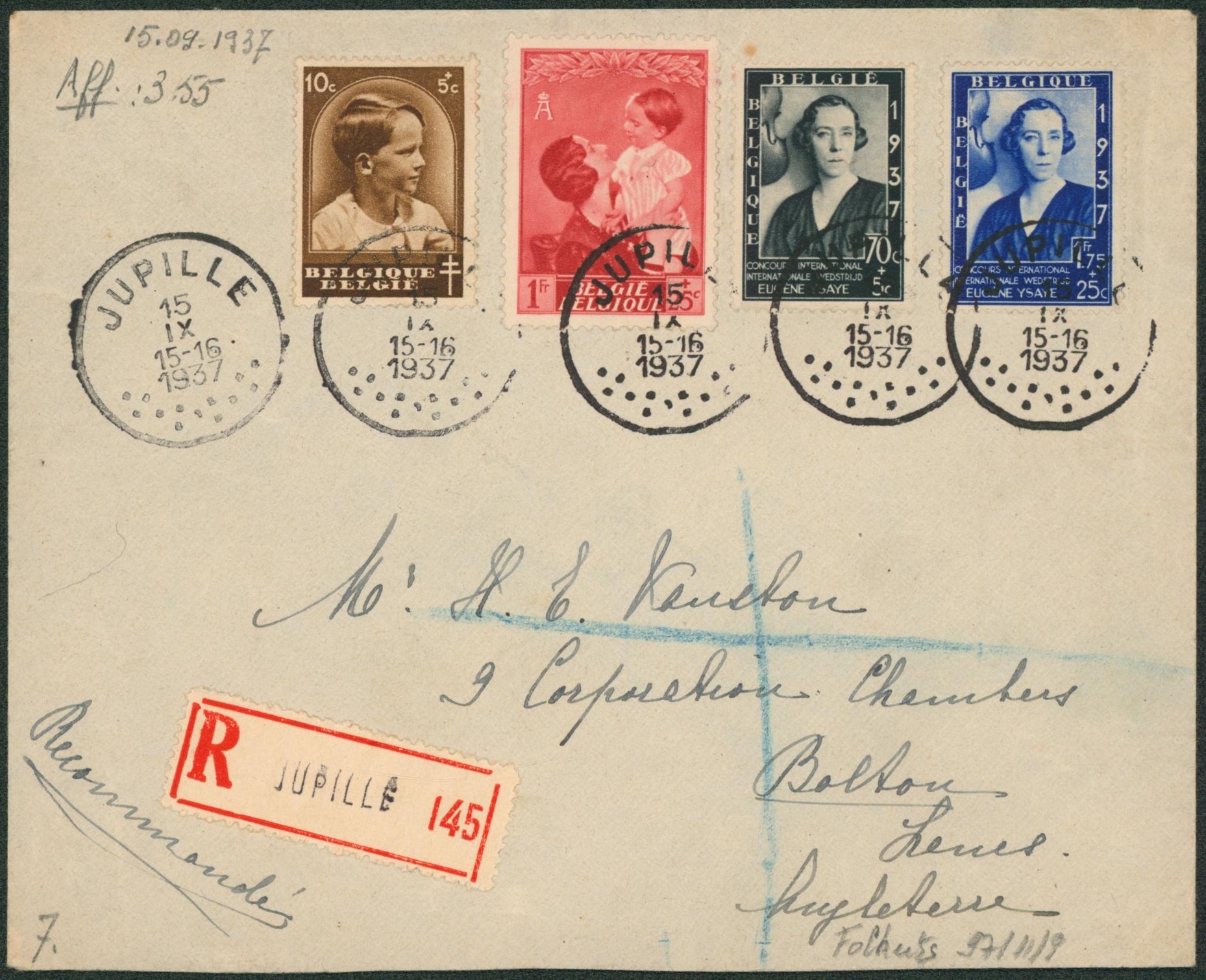 n°438, 452, 456/57 sur lettre en recommandé de Jupille > Bolton (Angleterre). 