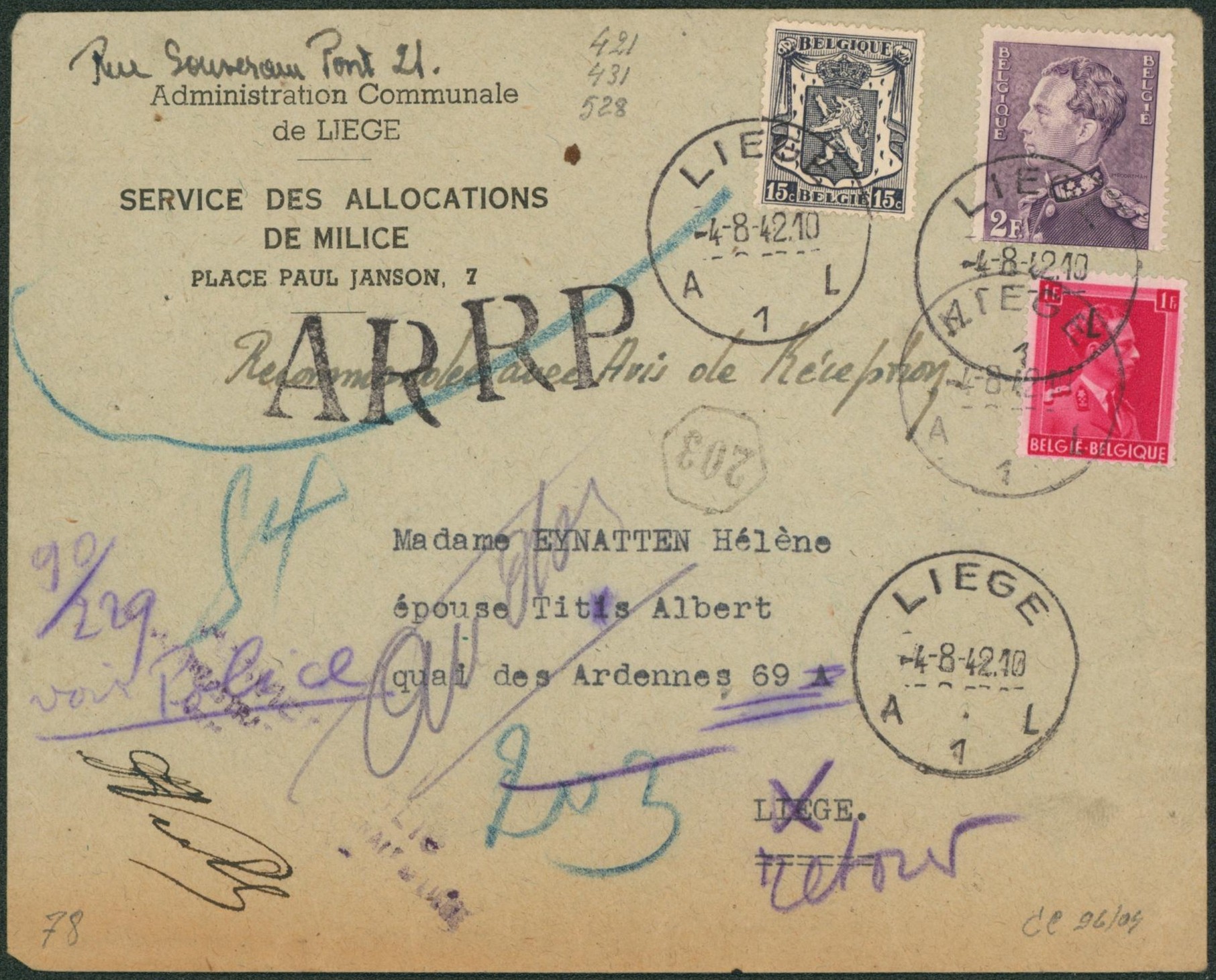 n°420, 528, 431 sur lettre + griffe AR / RP (administration communale de Liège) > Liège / Retour. 