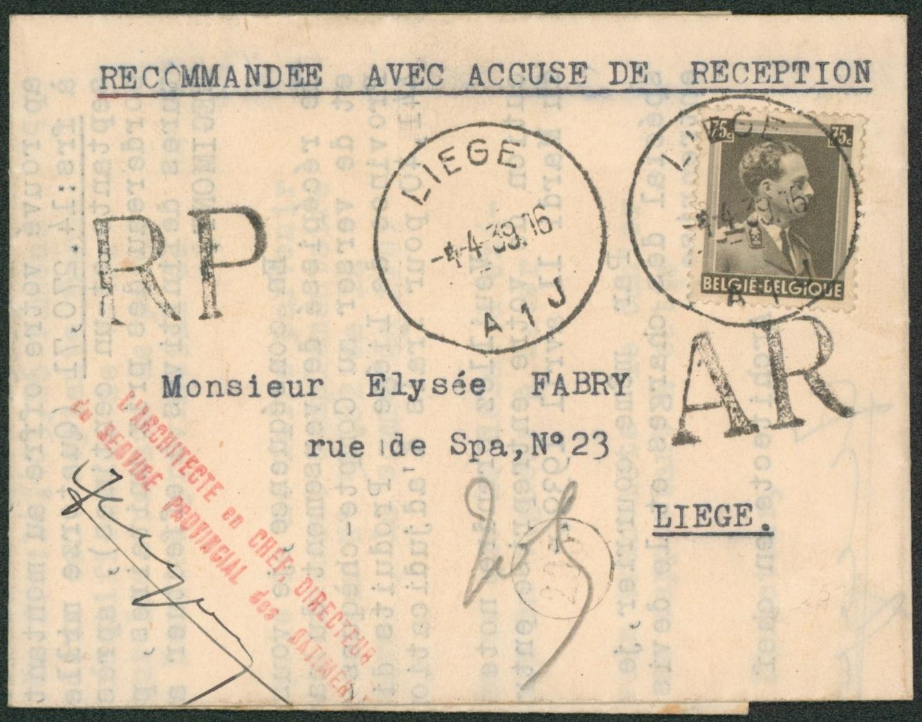 n°480 sur LAC expédié de Liège + griffe RP et AR > Liège 