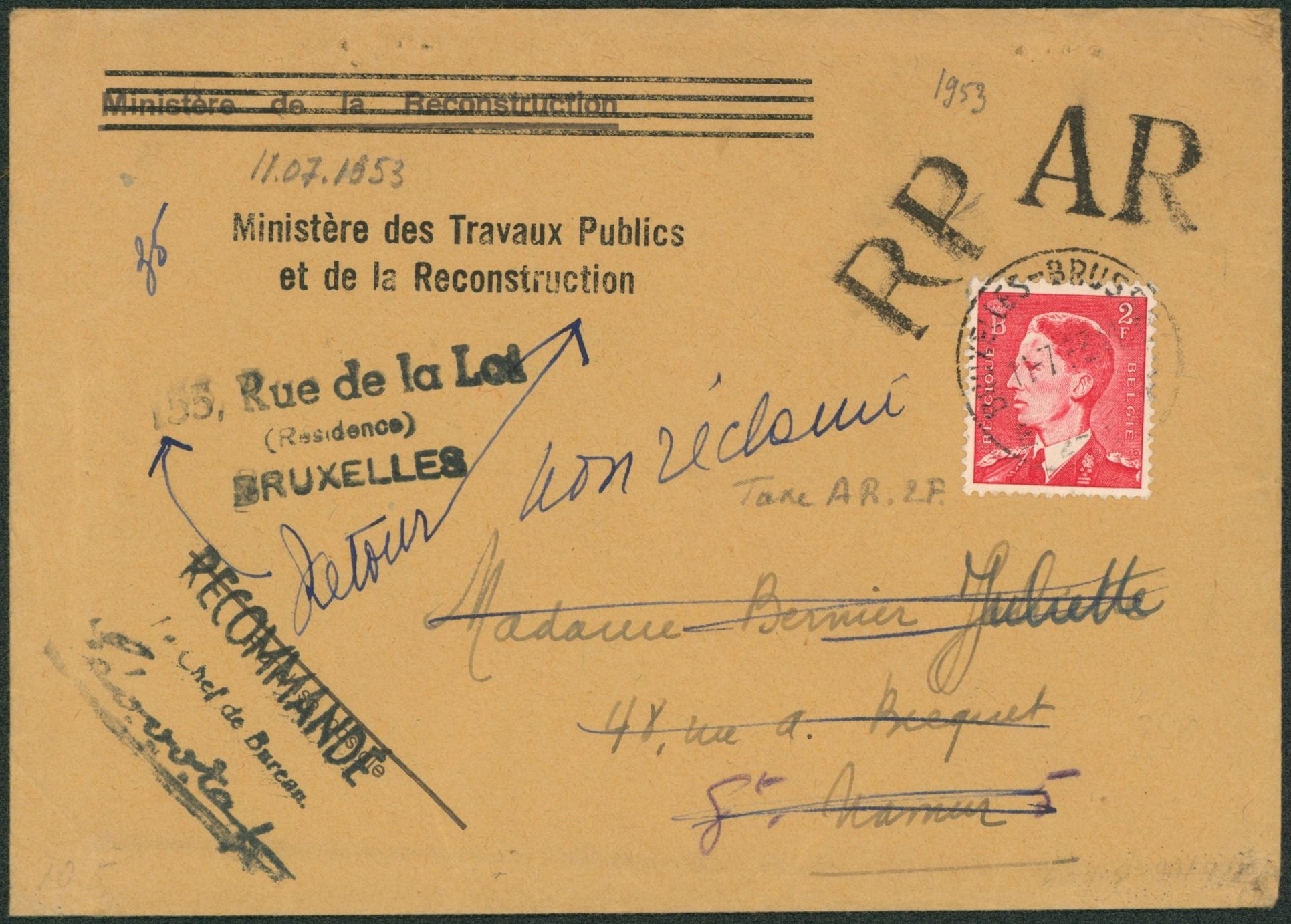 n°910 sur lettre ministère des travaux publics et de la reconstitution de Bruxelles (Chef du bureau) + griffe RP et AR > Namur