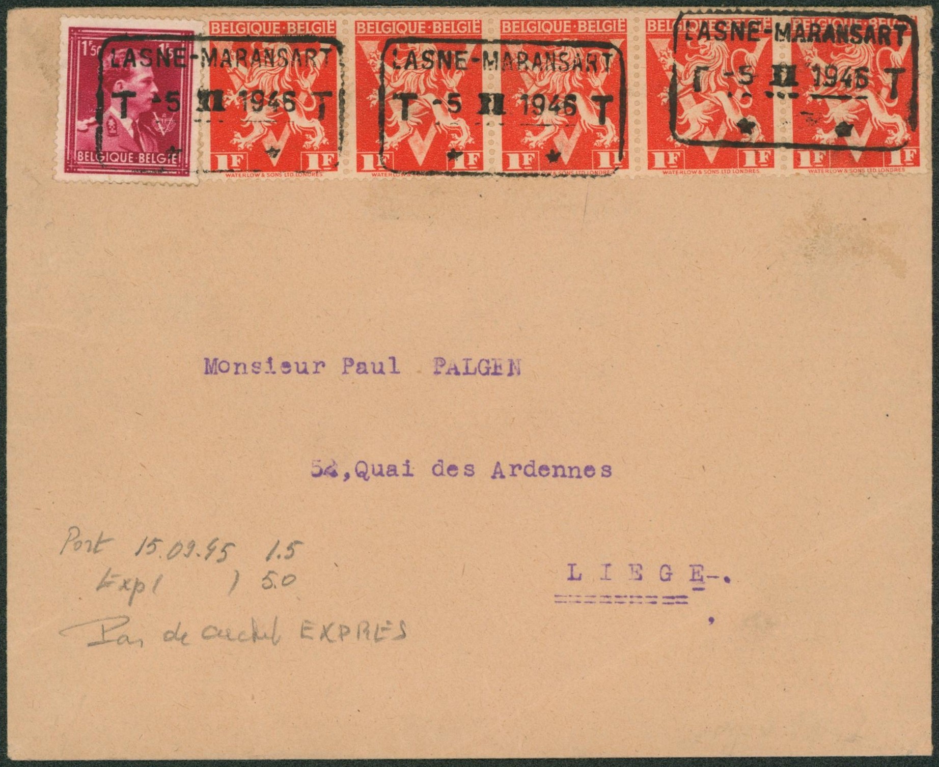 n°691 et 680 en bande de 5 sur lettre expres (sans cachet ni étiquette) obl télégraphe-téléphone "Lasne-Maransart" > Liège. "