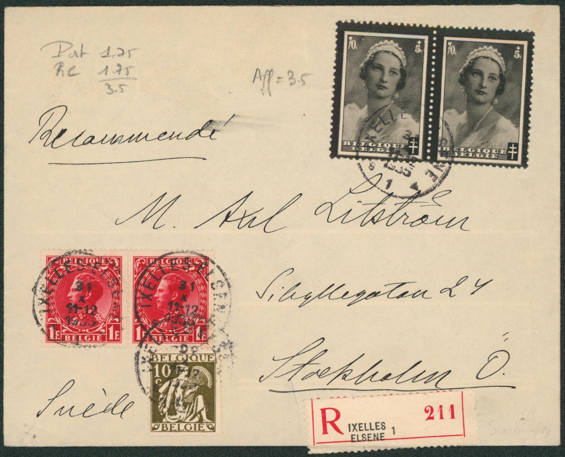 Affranch. Mixte sur lettre en recommandé, tarif exact (3F50) de Ixelles / elsene > Stockholm (Suède). 