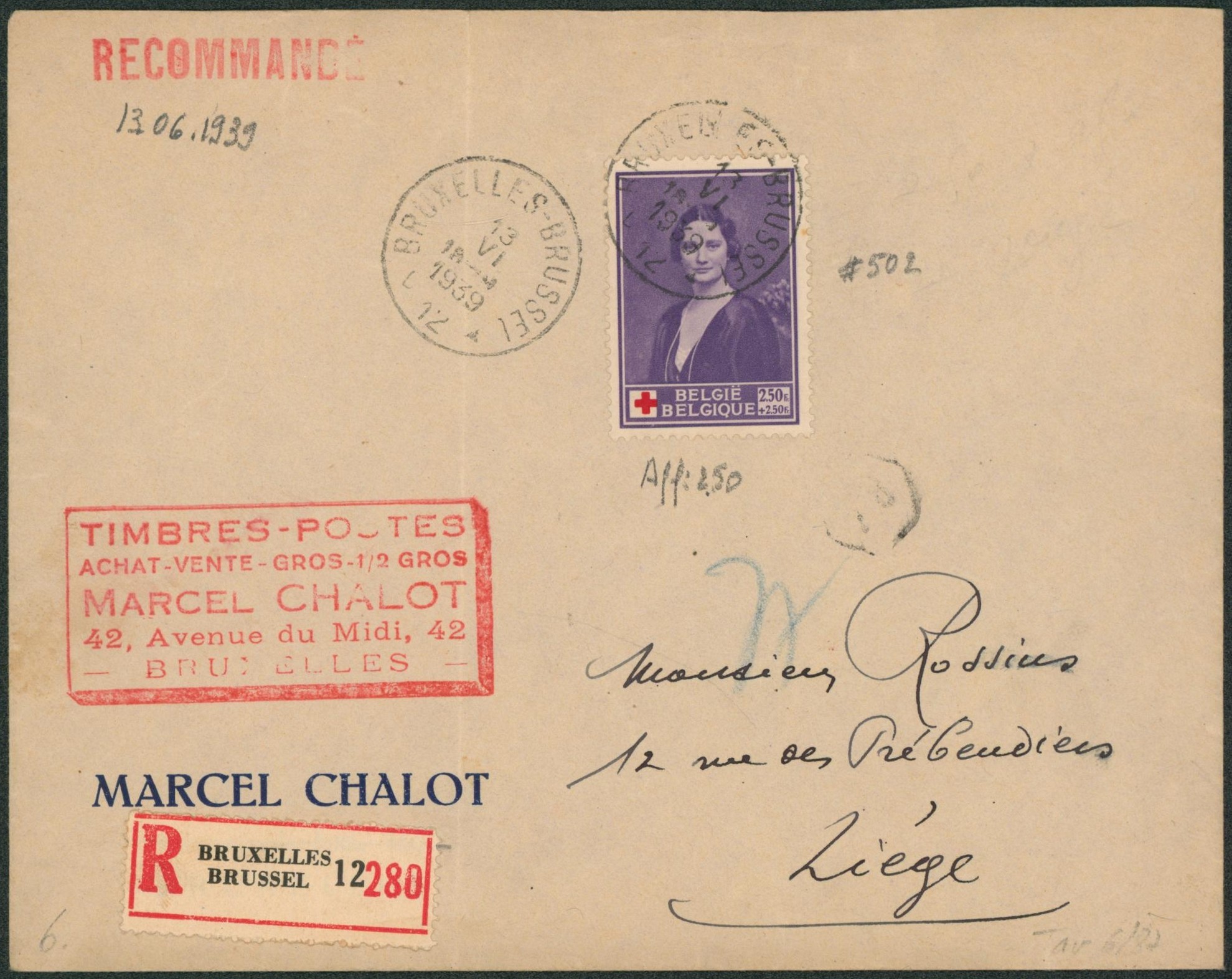 n°502 seul sur lettre en recommandé de Bruxelles (Marcel Chalot, marchand de timbre) > Liège / Croix-Rouge. 