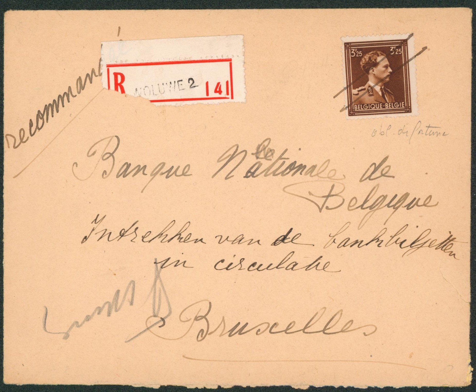 n°645 sur lettre en recommandé de Woluwé 2, timbre annulé par griffe de fortune > Bruxelles. 
