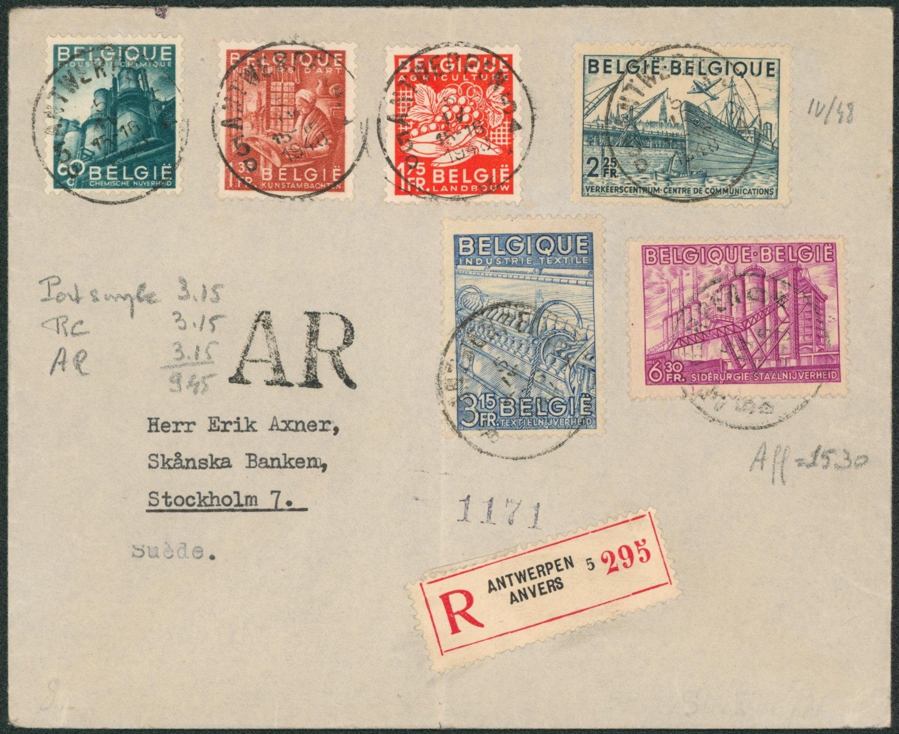 Exportation - Bel affranchissement coloré sur lettre en recommandé de Antwerpen / Anvers + griffe AR > Stockholm (Suède). 
