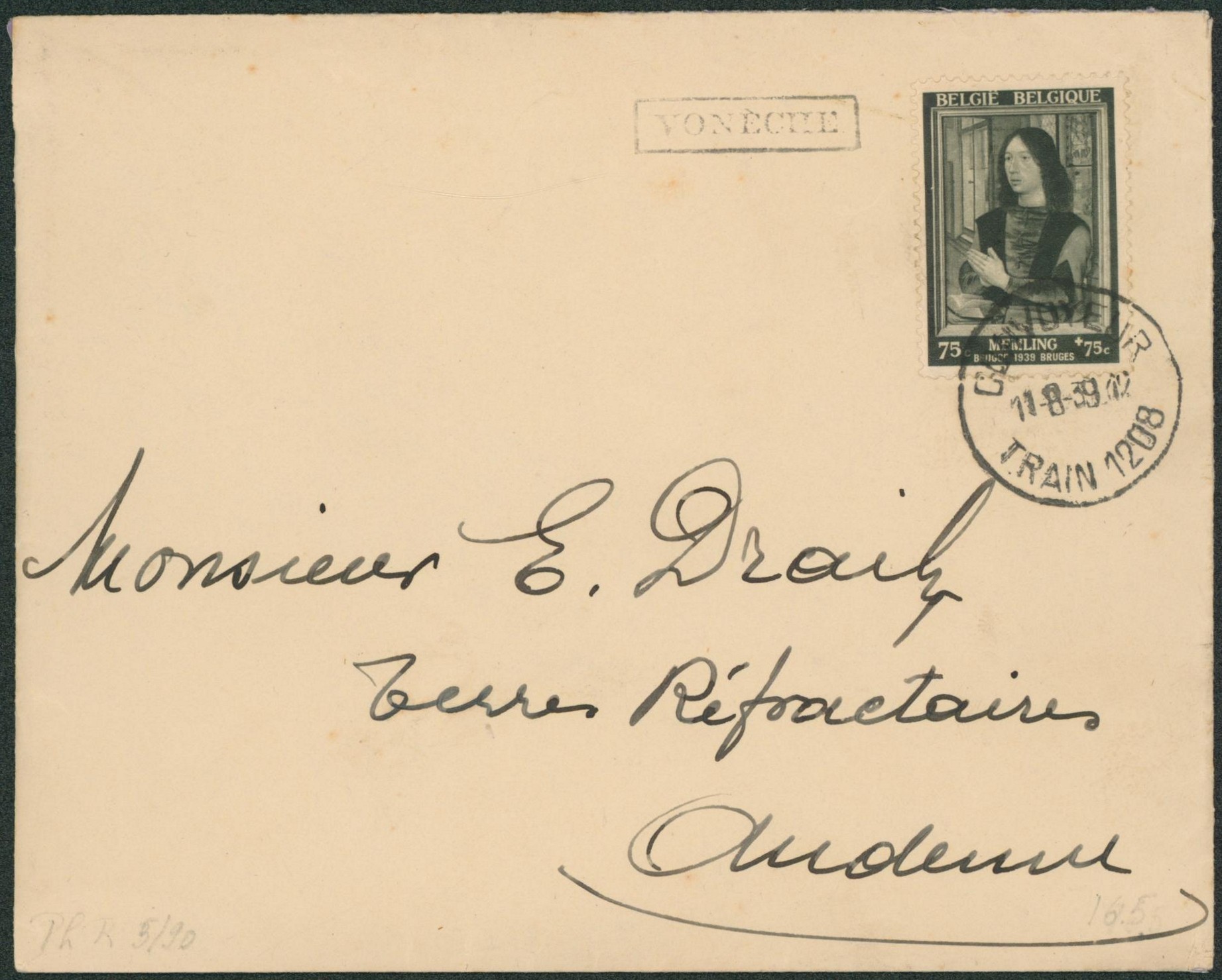 n°512 sur lettre + cachet "Convoyeur / Train 1208" et griffe à l'origine VONECHE > Andenne"