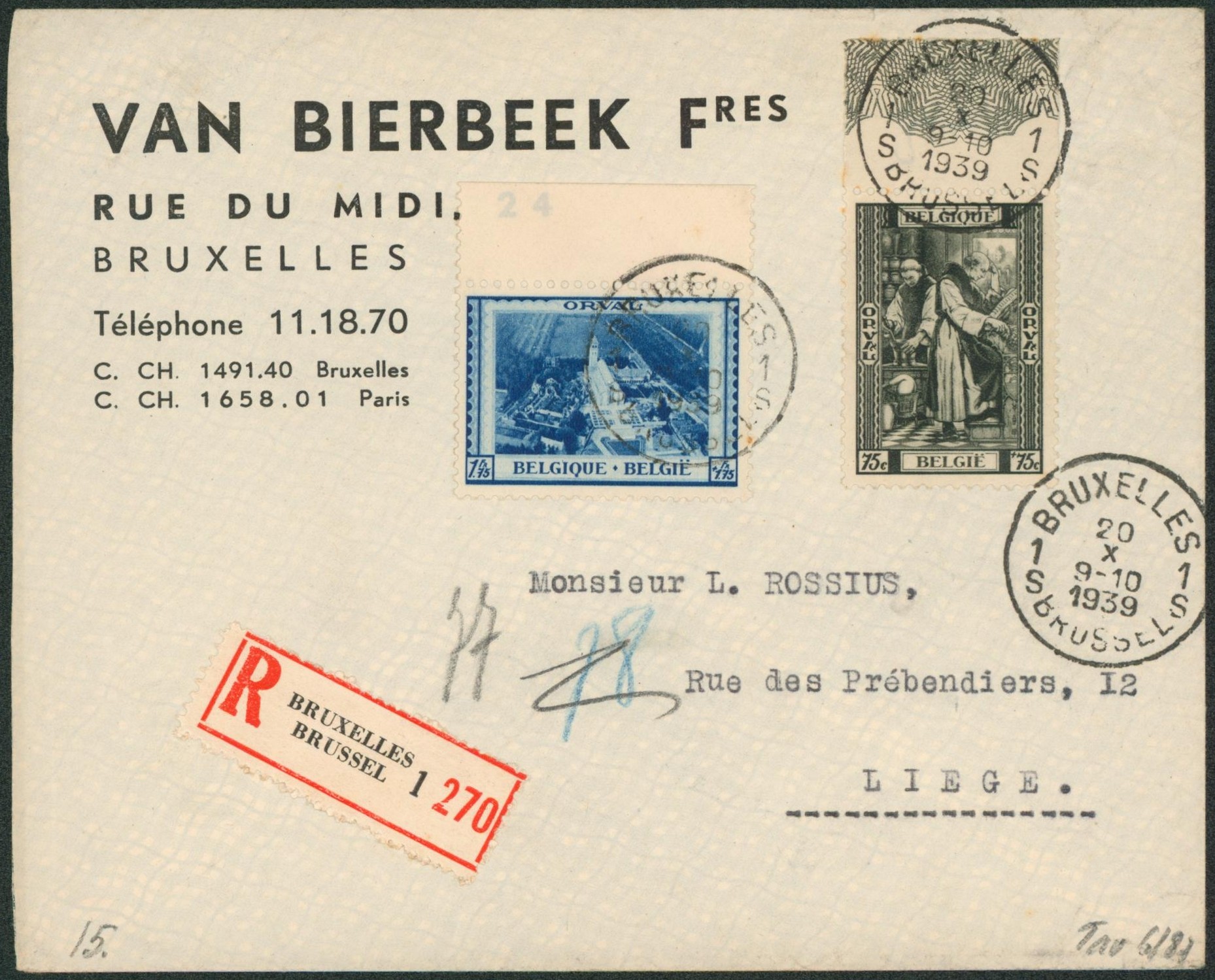 Orval - n°513 et 516 sur lettre en recommandé de Bruxelles (Van Bierbeek) > Liège 