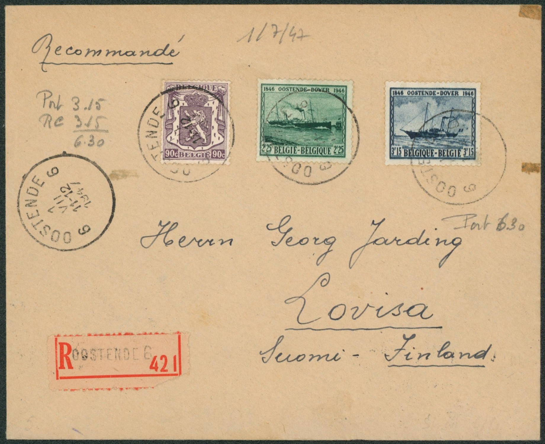 n°714, 726/27 sur lettre en recommandé (Tarif 6F30) de Oostende > Lovisa (Suède) + cachet "Helsinki / Avion""