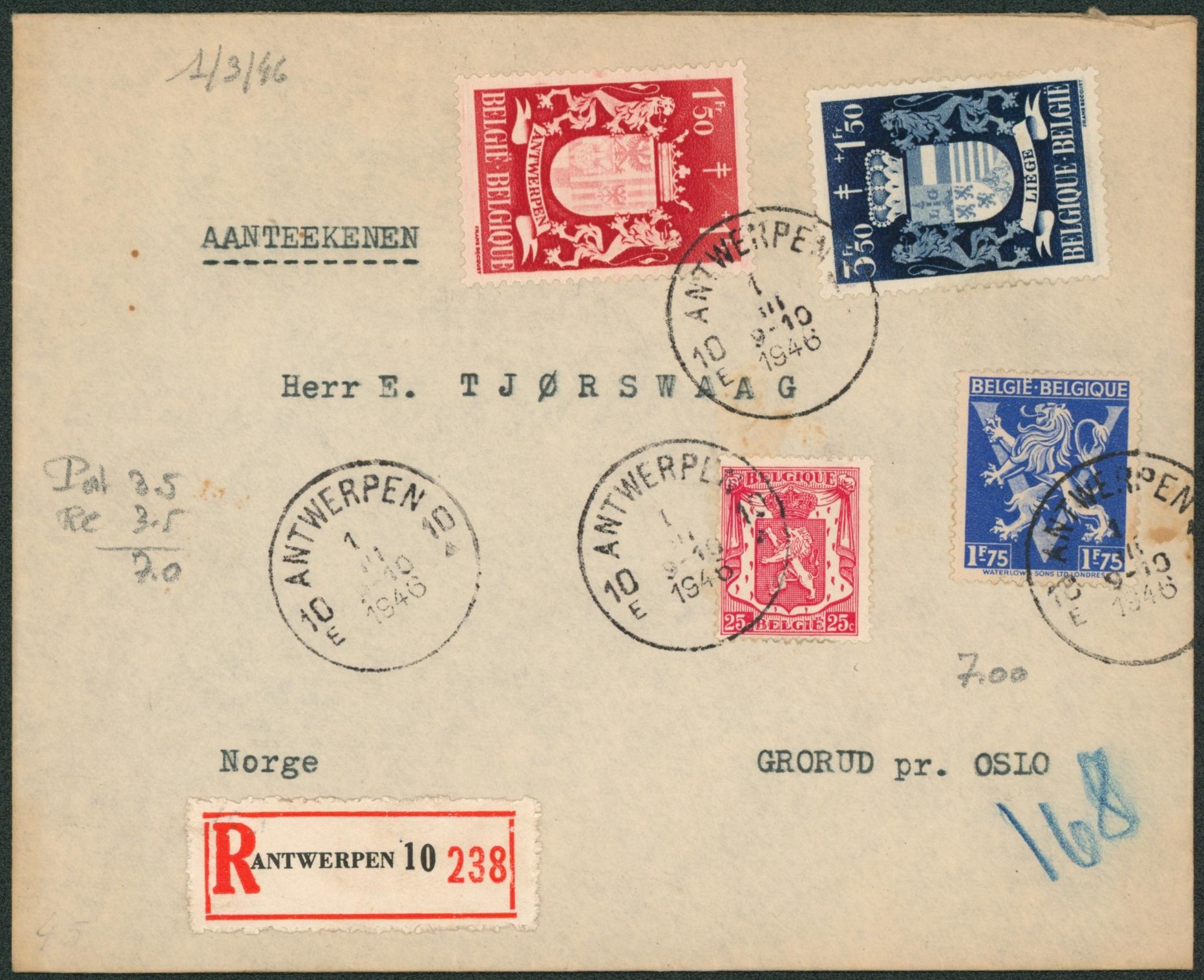 Affranch. Mixte ( 7Fr) sur lettre en recommandé de Antwerpen / Anvers > Oslo (Norvège). 