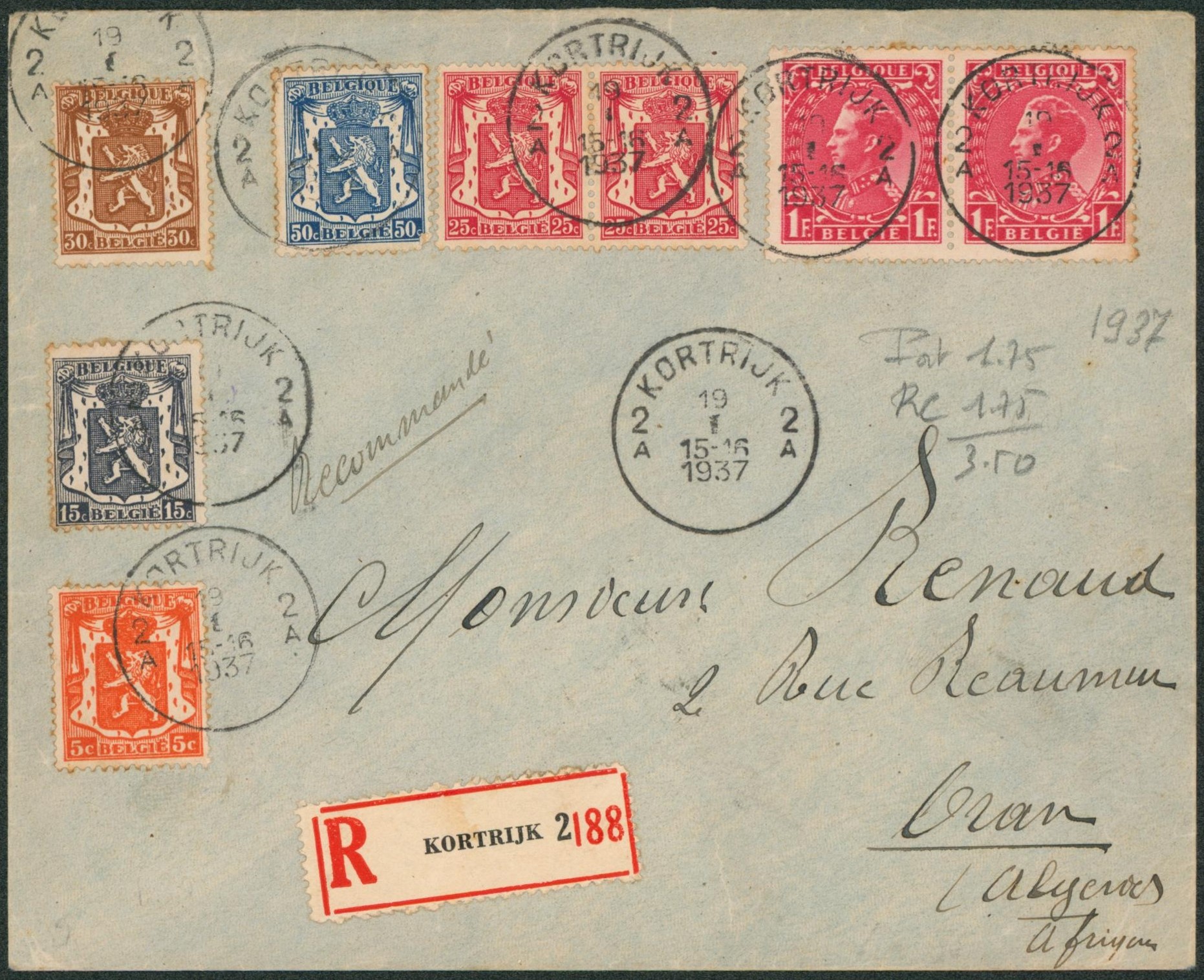 Affranch. Mixte (Petit sceau, 3F50) sur lettre en recommandé de Kortrijk > Oran (Algérie). 