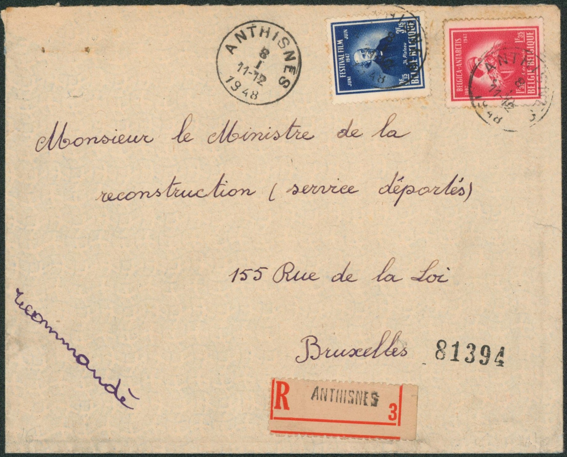 n°748/49 sur lettre en recommandé de Anthisnes > Bruxelles 