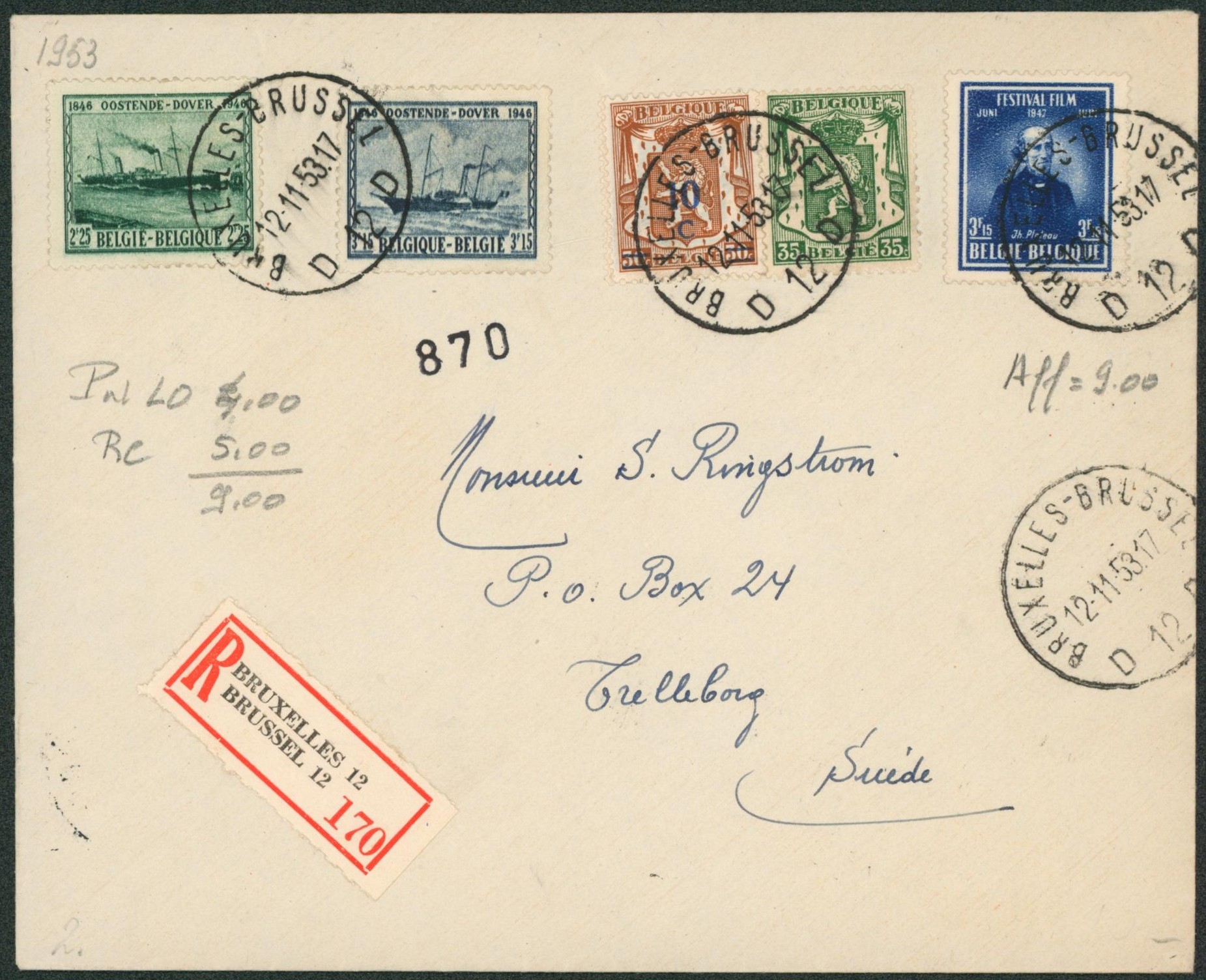n°748, 726/27, 568 et 425 sur lettre en recommandé (tarif 9Fr) de Bruxelles > Trelleborg (Suède) 
