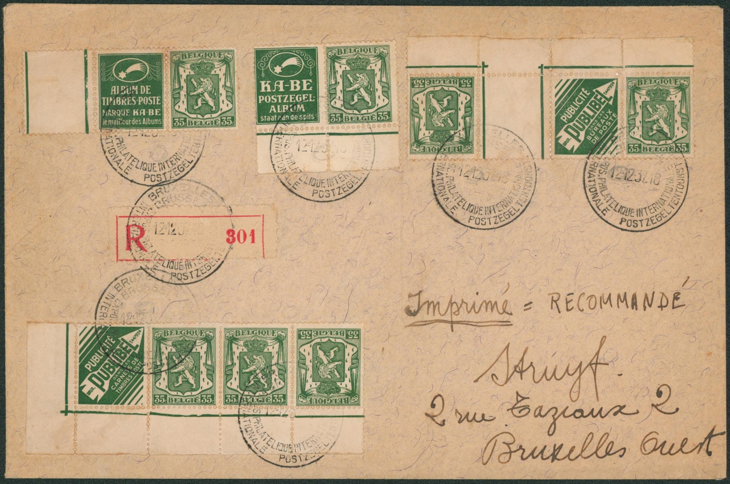 Affranch. Mixte (PUB 35C vert petit sceau) sur lettre en recommandé de l'exposition philatélique Bruxelles (tarif imprimé) >Bruxelles 