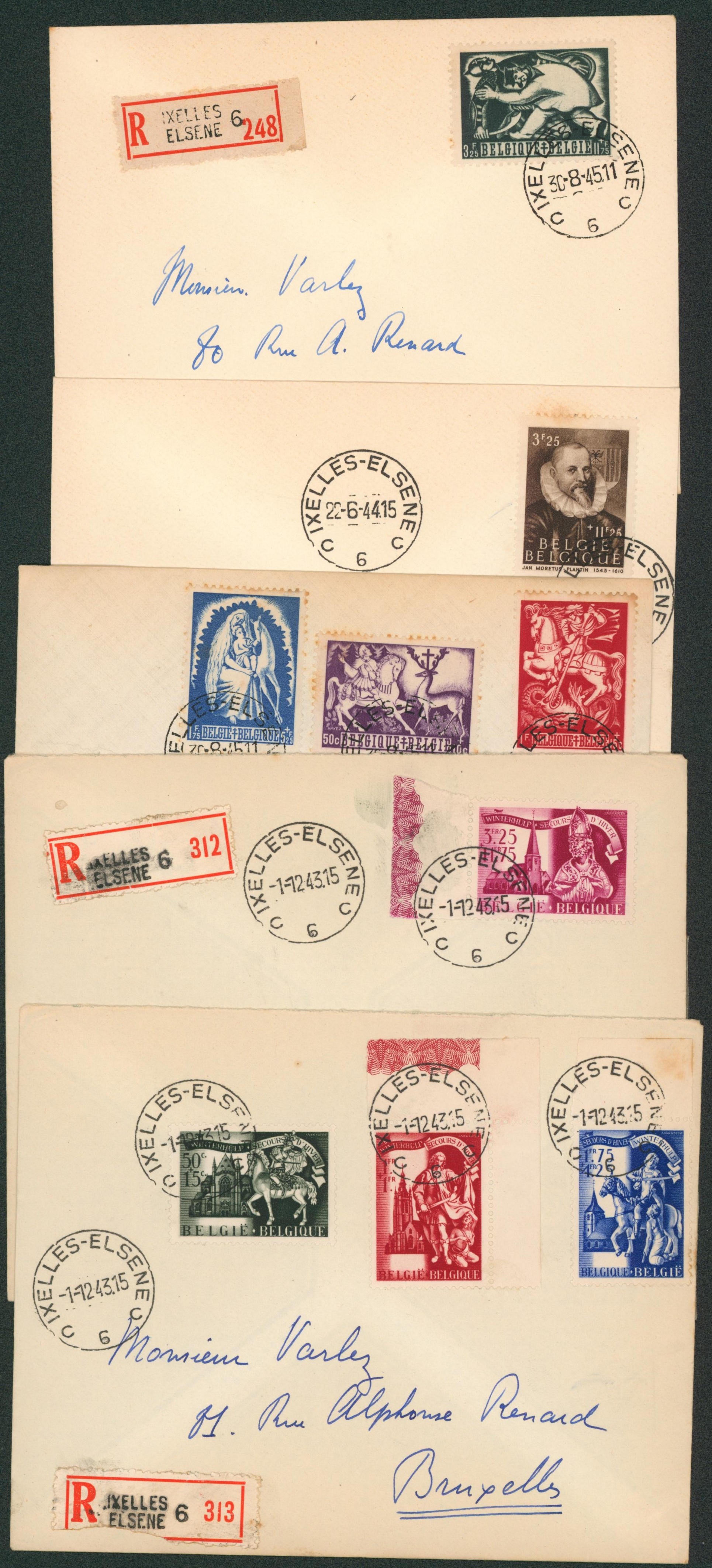 Ensemble de lettre en recommandé x8 avec affranch. Mixte (1943-45, timbre de guerre) de et vers Bruxelle. A voir !