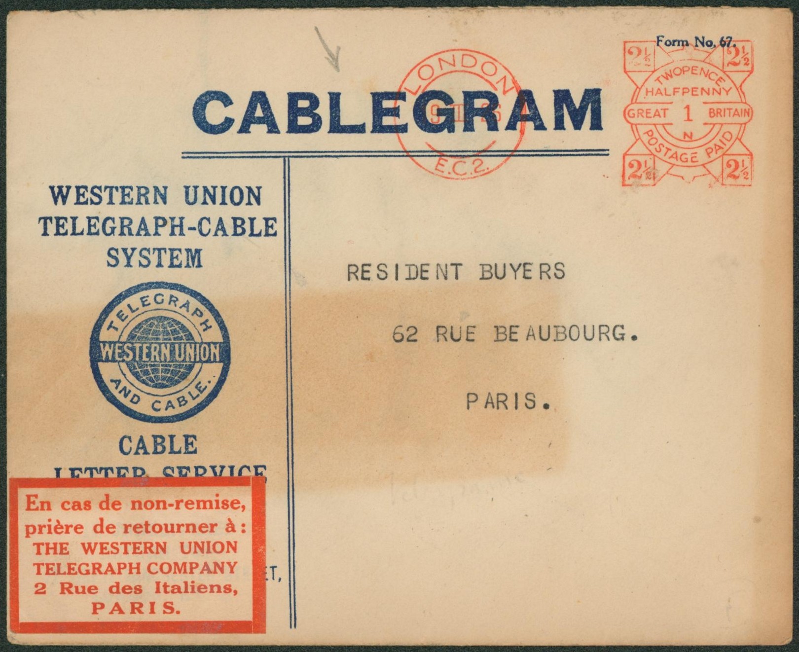 Royaume-Uni (1929) - Enveloppe de la société de télégrammes Cablegram Western Union (London) > Paris + vignette (en cas de non remise,?)