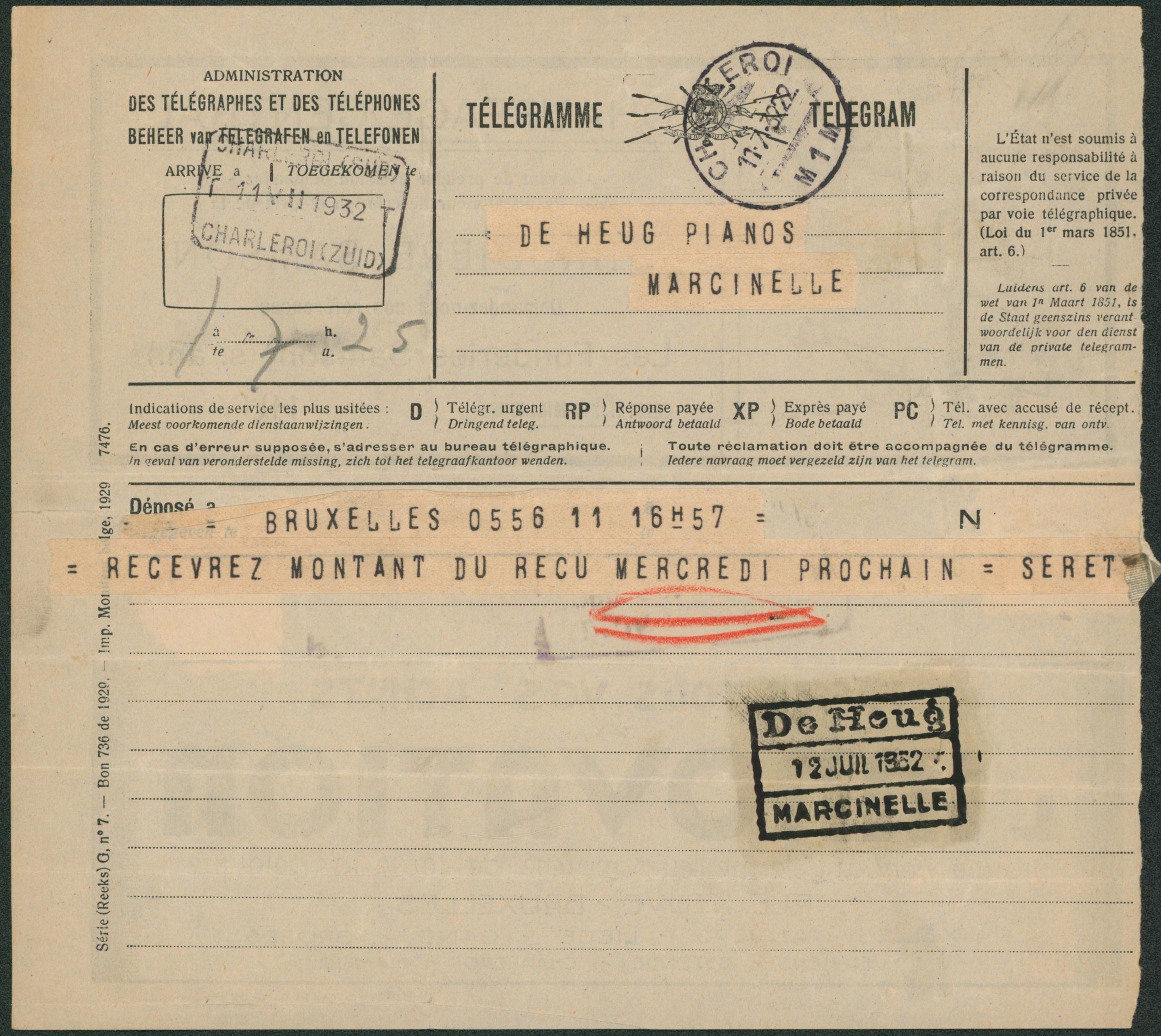 Télégramme (Série G n°7) déposé à Bruxelles > De Heug pianos, Marcinelle. Illustration au verso : Chauffage central (Huy), L'innovation 