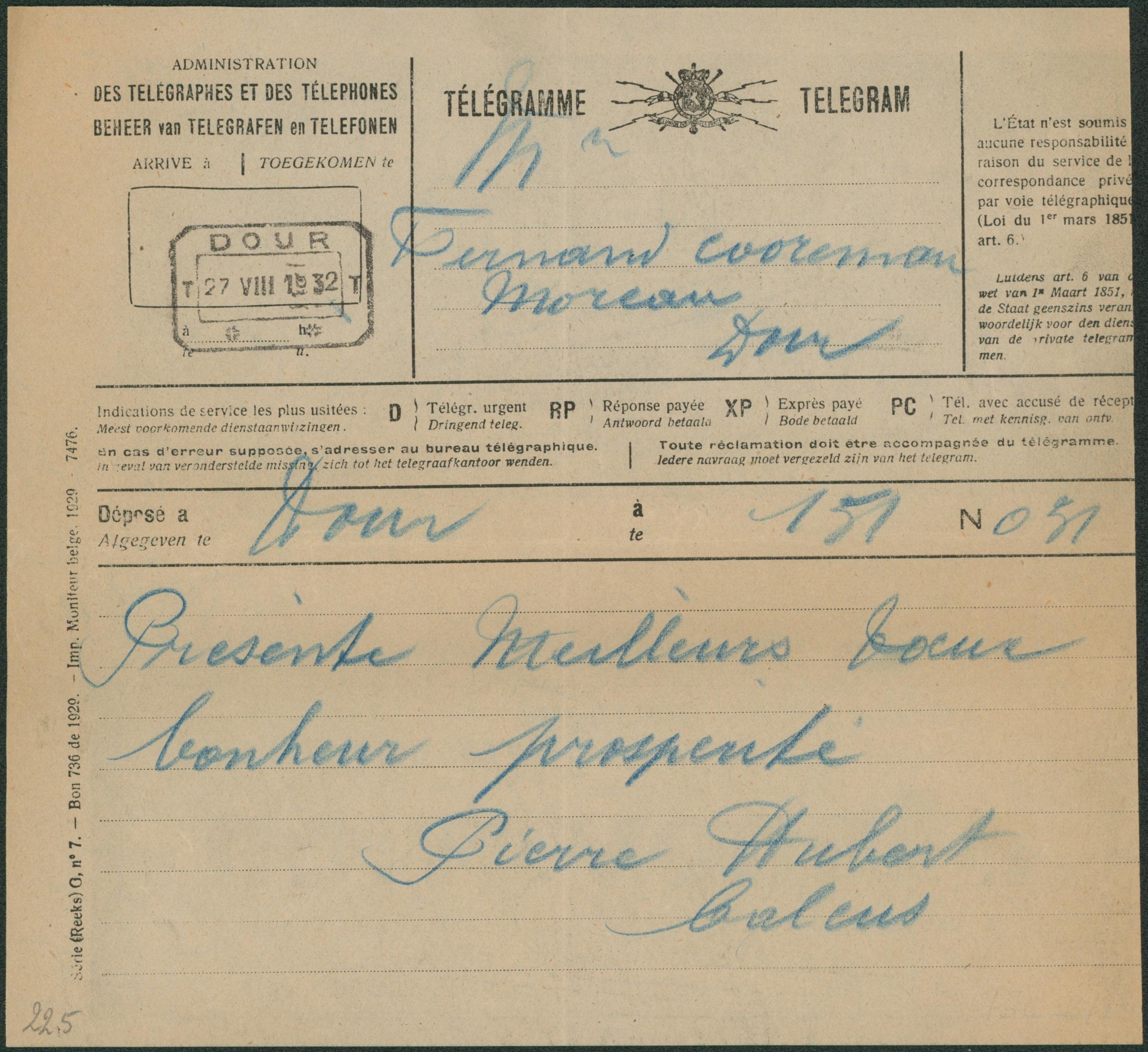 Télégramme (Série G n°7) déposé à Dour > Dour çàd obl télégraphe-téléphone. Illustration au verso : Acyline / Meral (Union chimique), L'innovation