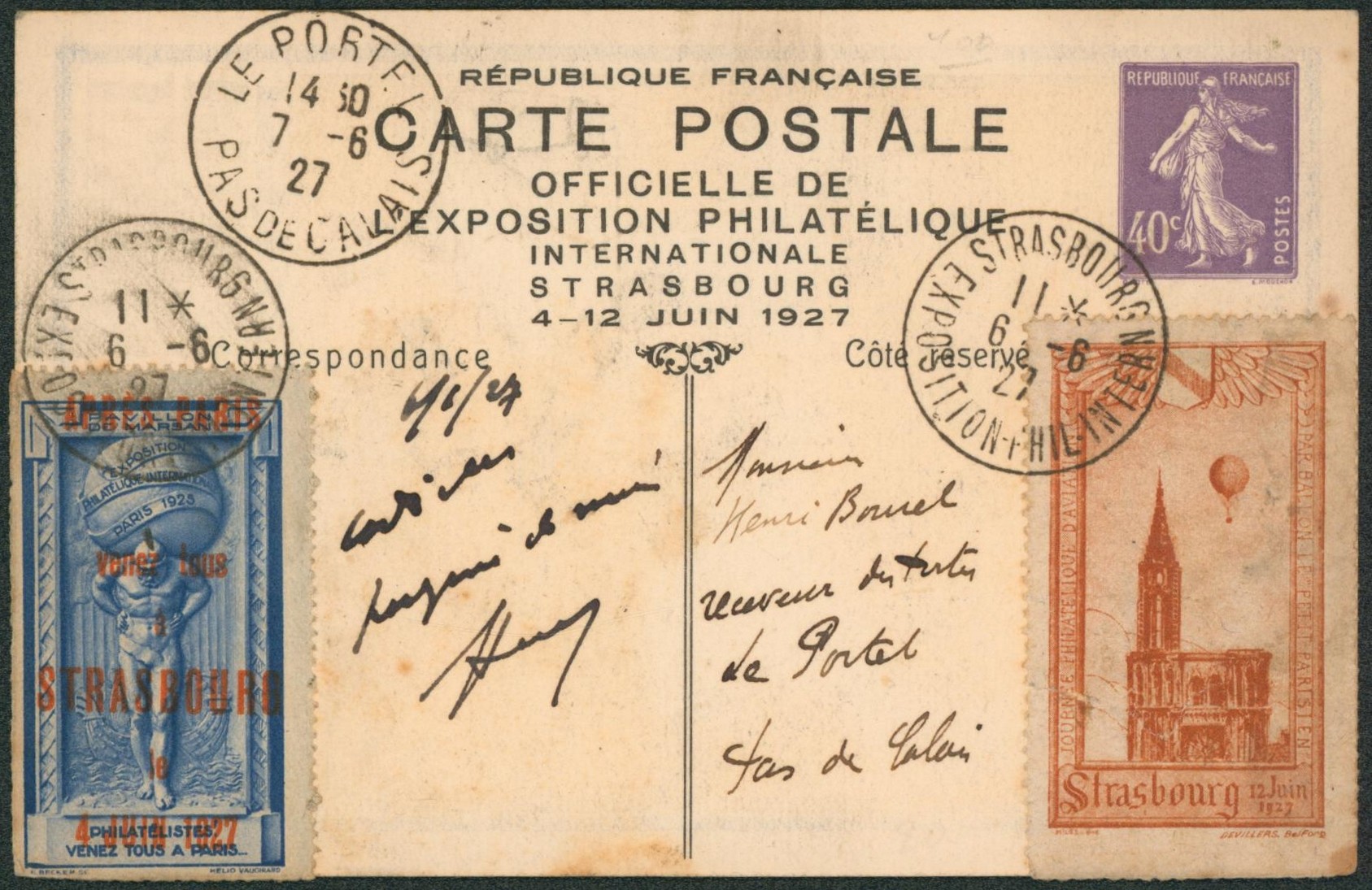 France - Entier postal type 40ctm Semeuse Exposition philatélique international de Strasbourg + vignette (Exposition) expédié de L'exposition > Pas de calais