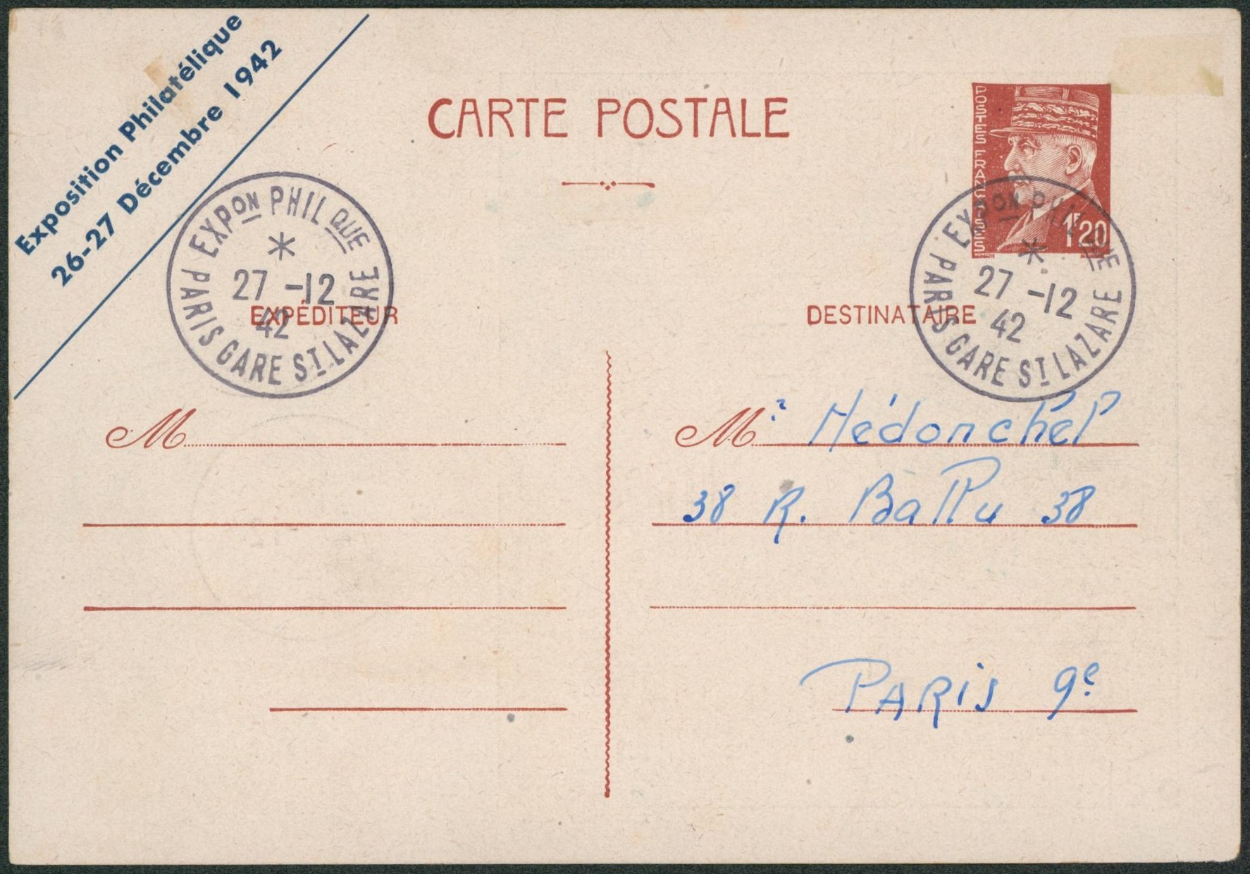 France - Entier postal type 1F20 Pétain exposition philatélique "les cheminots philatélistes", de et vers Paris. "