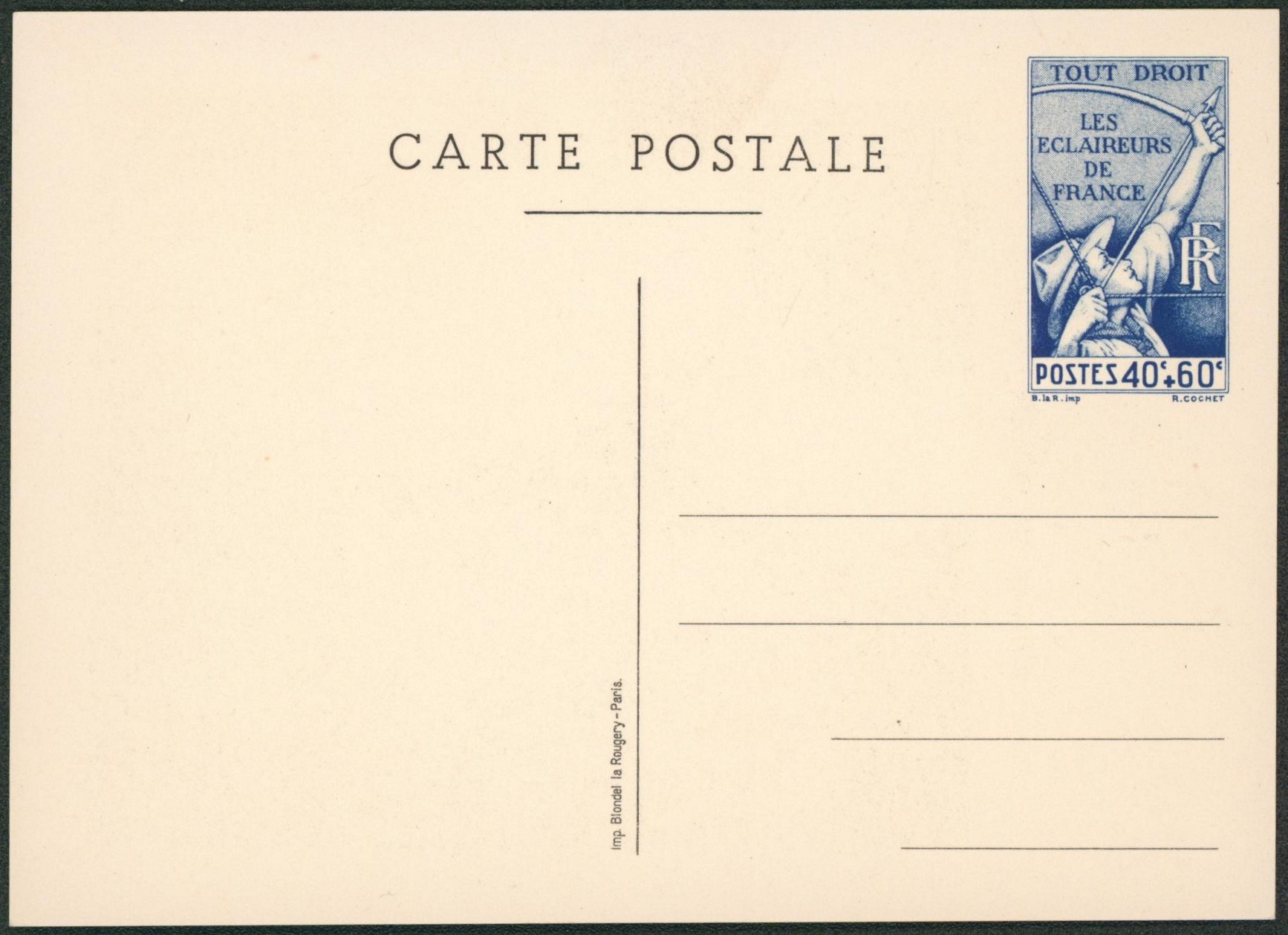 France - Entier postal type 40C bleu "les éclaireurs de France" / Neuf, scoutisme, scout. "