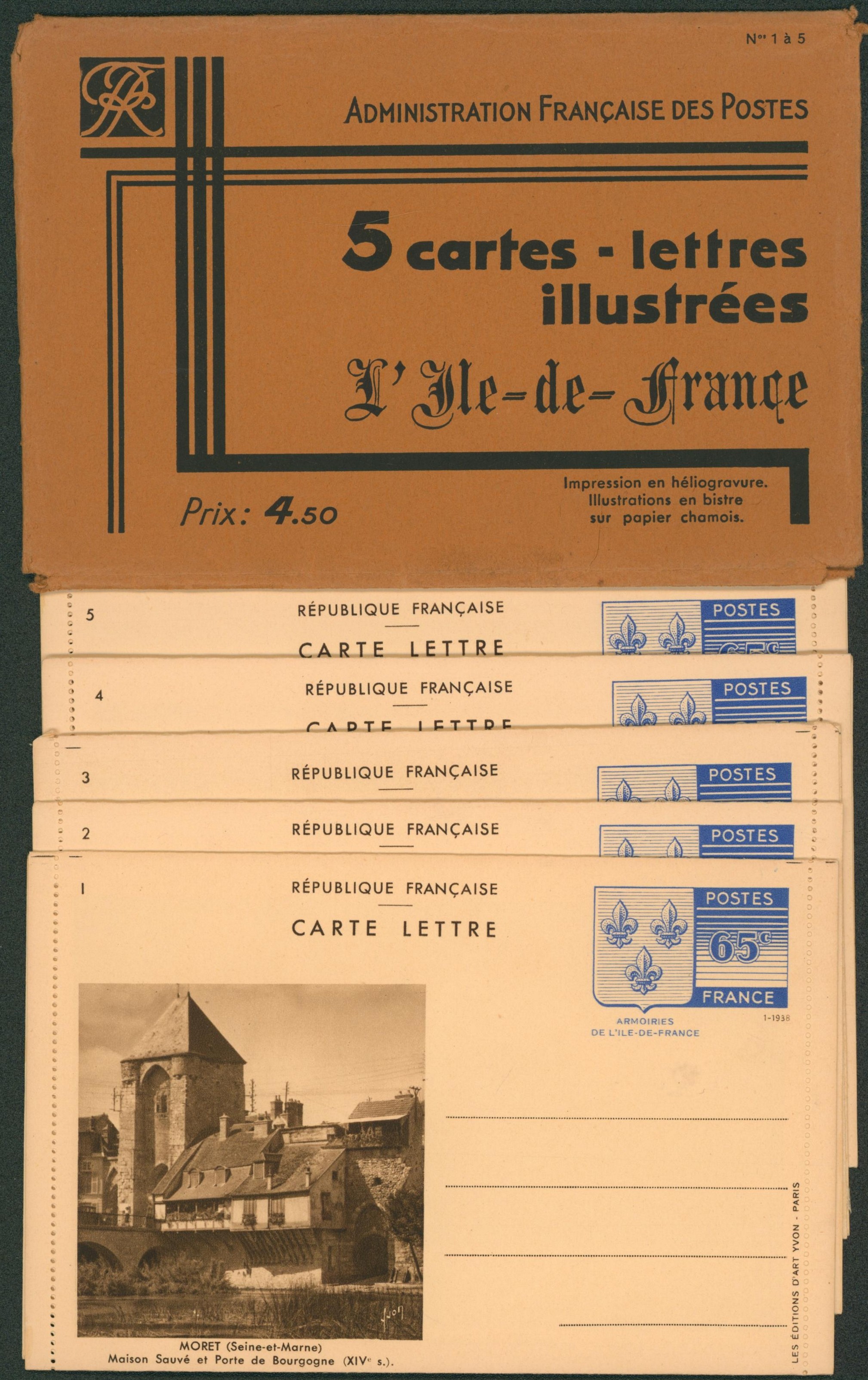 France - Carnet d'entier type carte-lettre illustrée (Armoirie ile de France) 65C bleu, 1 à 5 complet. Superbe ! 
