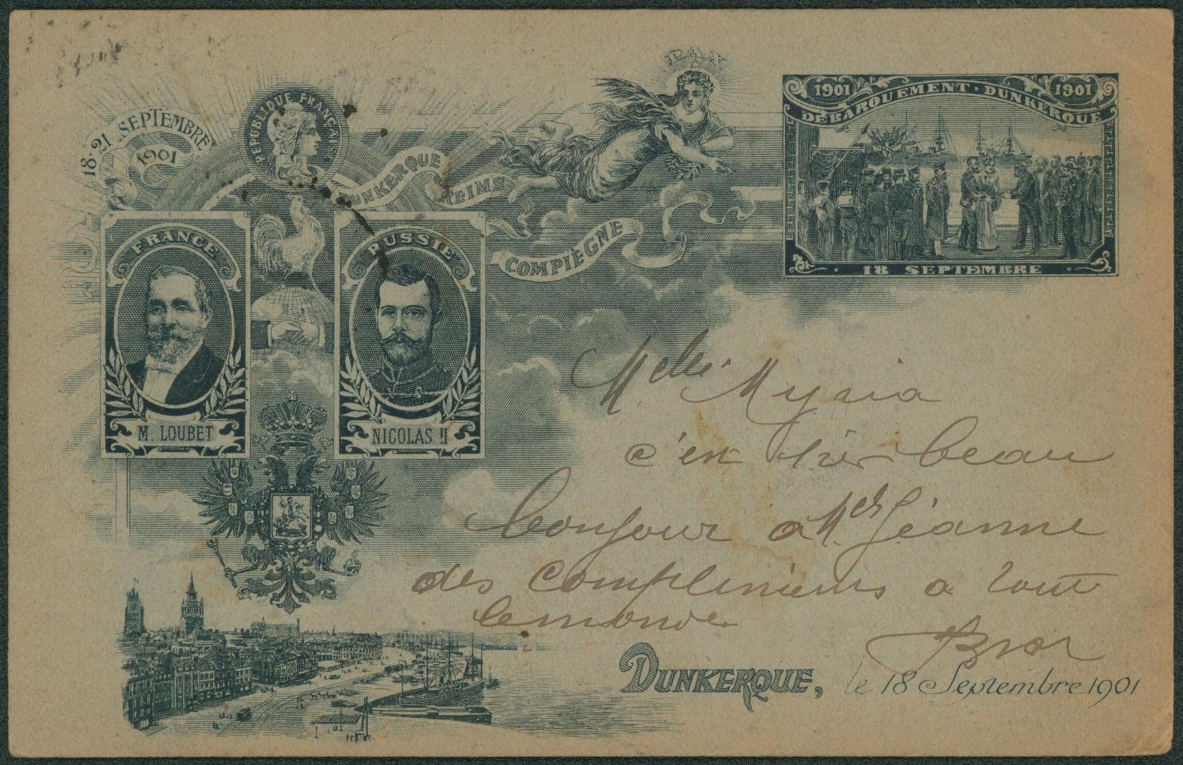 France - Carte postale (débarquement Dunkerque 1901, Visite du Tsar Nicolas II) / Voyagée. 