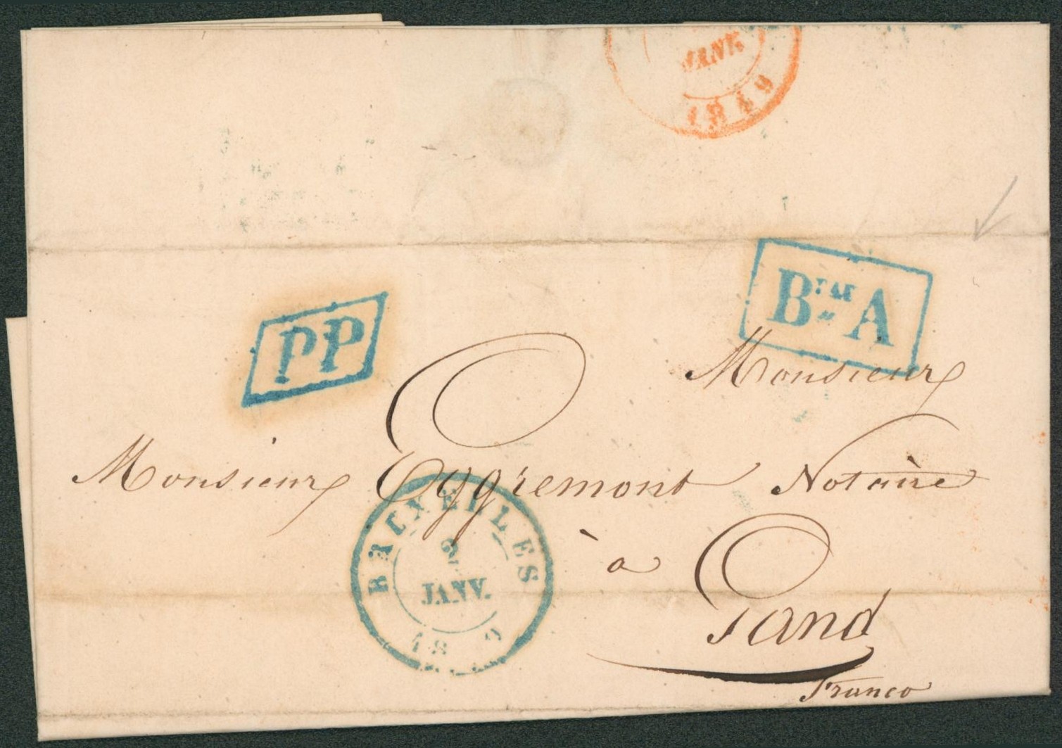 LAC datée de St-Josse-Ten-Noode + cachet dateur "Bruxelles" et cachet bureau secondaire Beau A, en PP (port payé) > Gand "