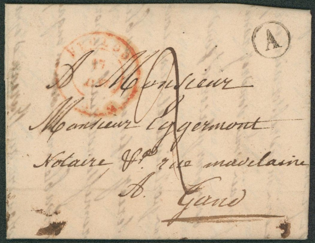 LAC + cachet dateur peu lisible "Eecloo" et boite rurale "A" (Watervliet), port 2 décimes > Gand "