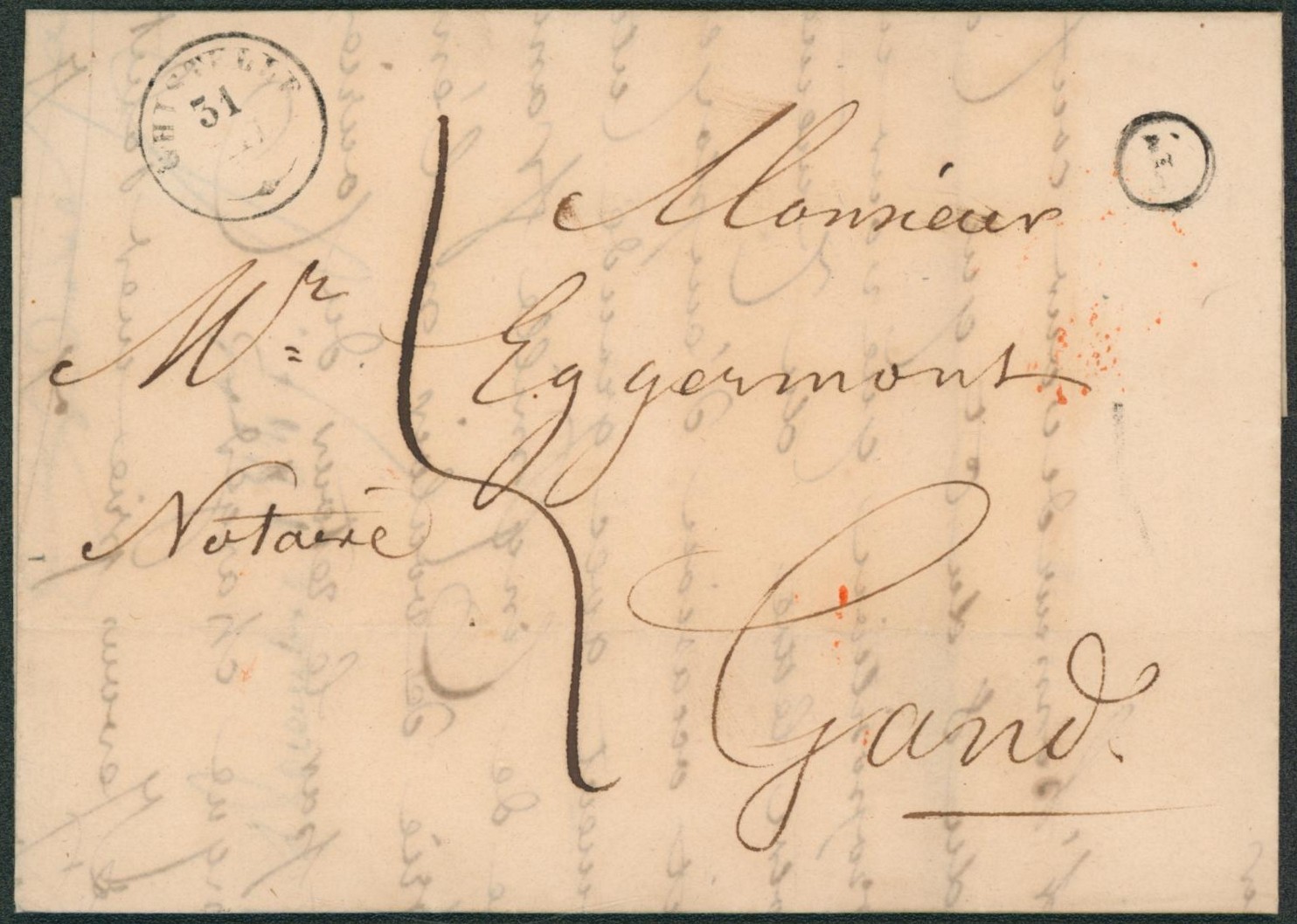 LAC + cachet T18 "Gisthelle" et boite rurale "F" (Westkerke), port 4 décimes > Gand "