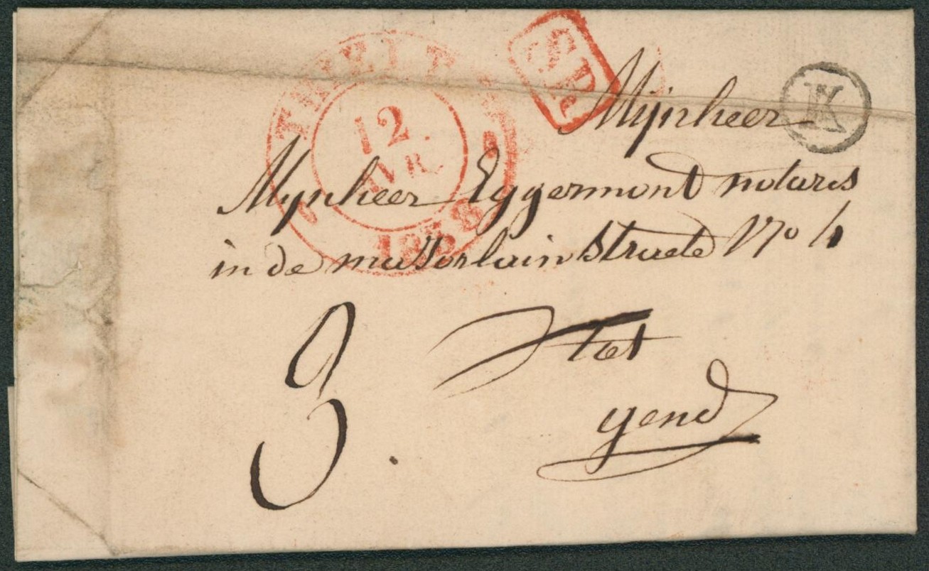 LAC + cachet dateur à perles "Thielt" (T13, 1838) et boite rurale "K" (Denterghem), port "3" > Gend"