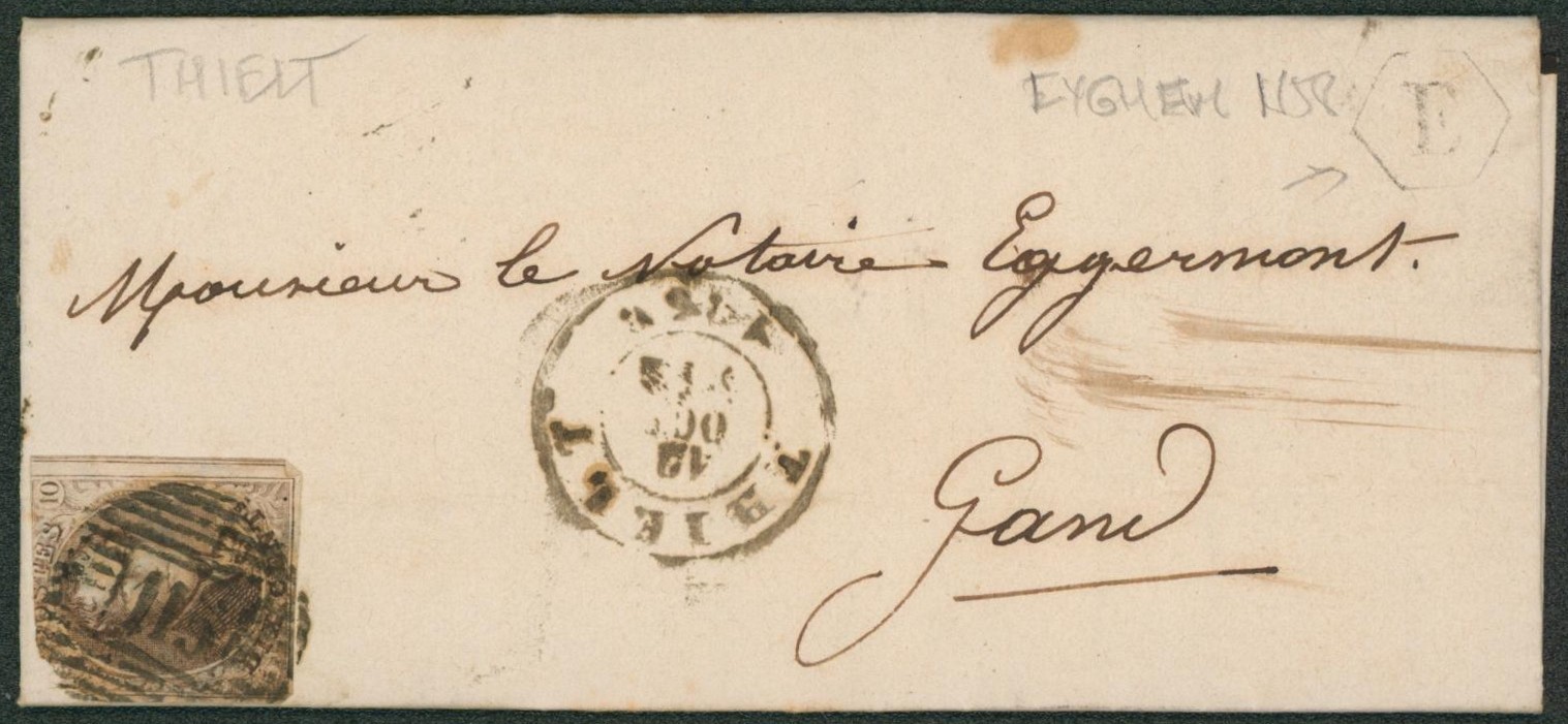 n°10A touché sur LAC obl P115 çàd Thielt + boite rurale "E" (Eyghem) > Gand "