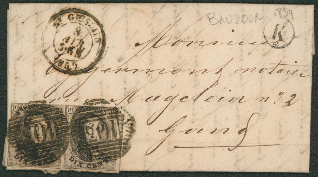 n°10A en paire touchée sur LAC obl P103 çàd St-Ghislain + boite rurale "K" (Baudour) > Gand "