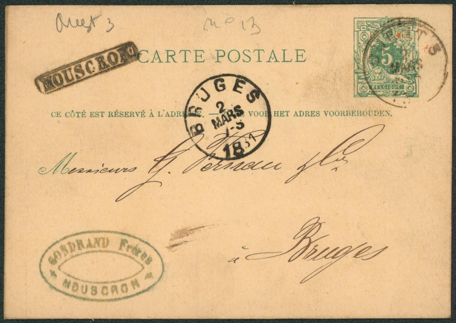EP au type 5ctm vert obl ambulant "Est 3" (3 plat) + griffe encadrée MOUSCRON > Bruges. "